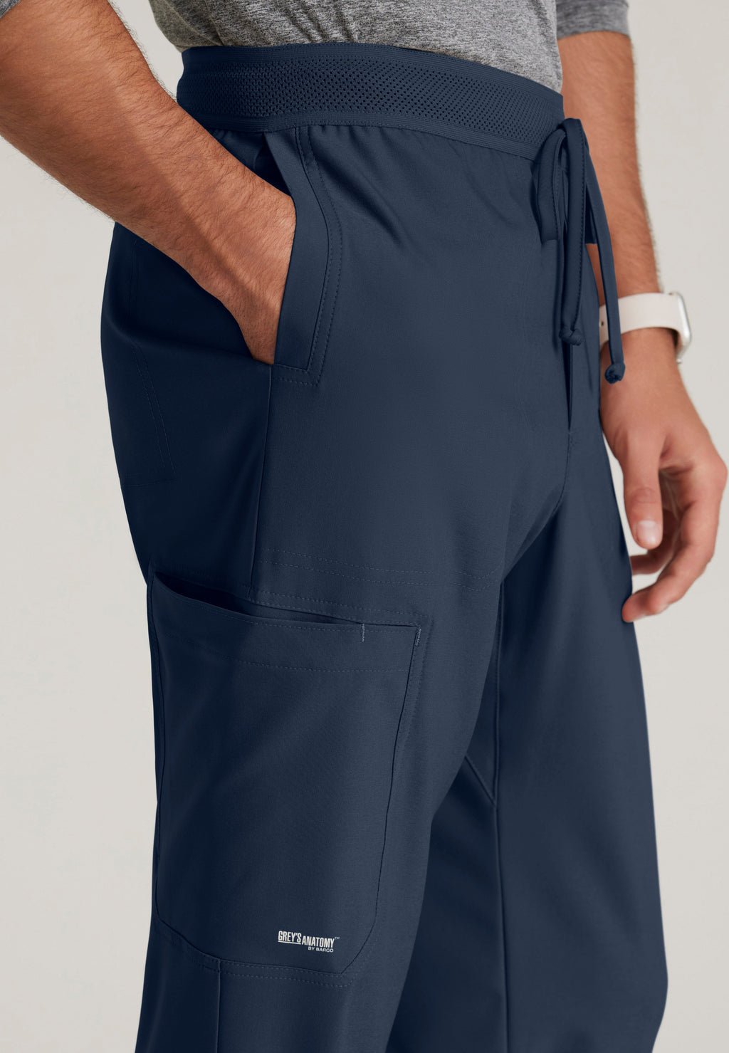 Detail Shot of the Highland 5-Pocket Slim Straight Leg Ciclo® Scrub Pant in Steel from Grey's Anatomy™ by Barco Evolve