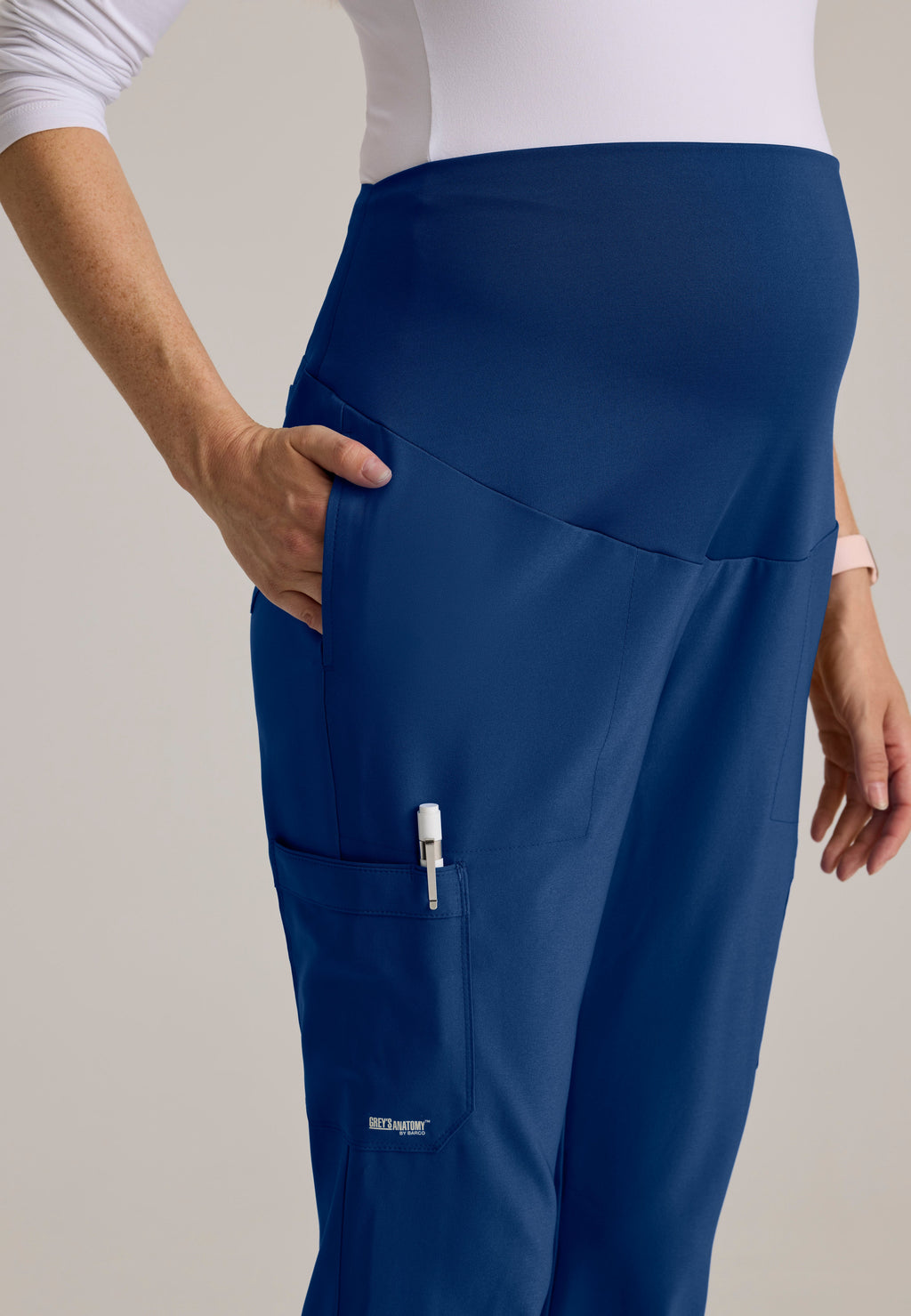 Detail Shot of the Promise Maternity Pant in Indigo from Grey's Anatomy™ by Barco Evolve