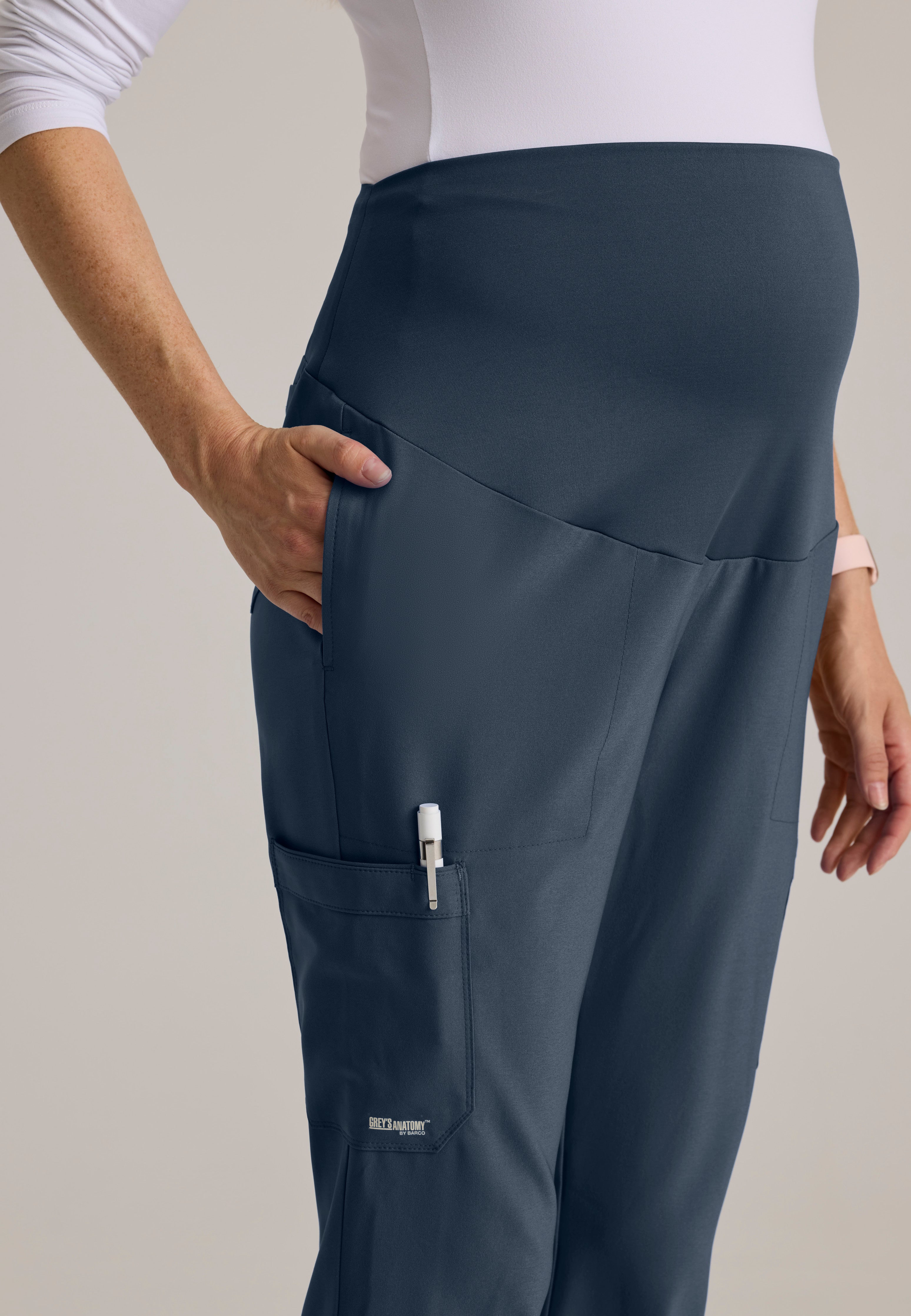 Detail Shot of the Promise Maternity Pant in Steel from Grey's Anatomy™ by Barco Evolve