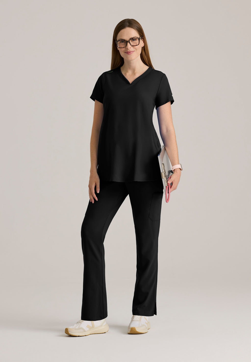 Full Body View of the Promise Maternity Top in Black from Grey's Anatomy™ by Barco Evolve