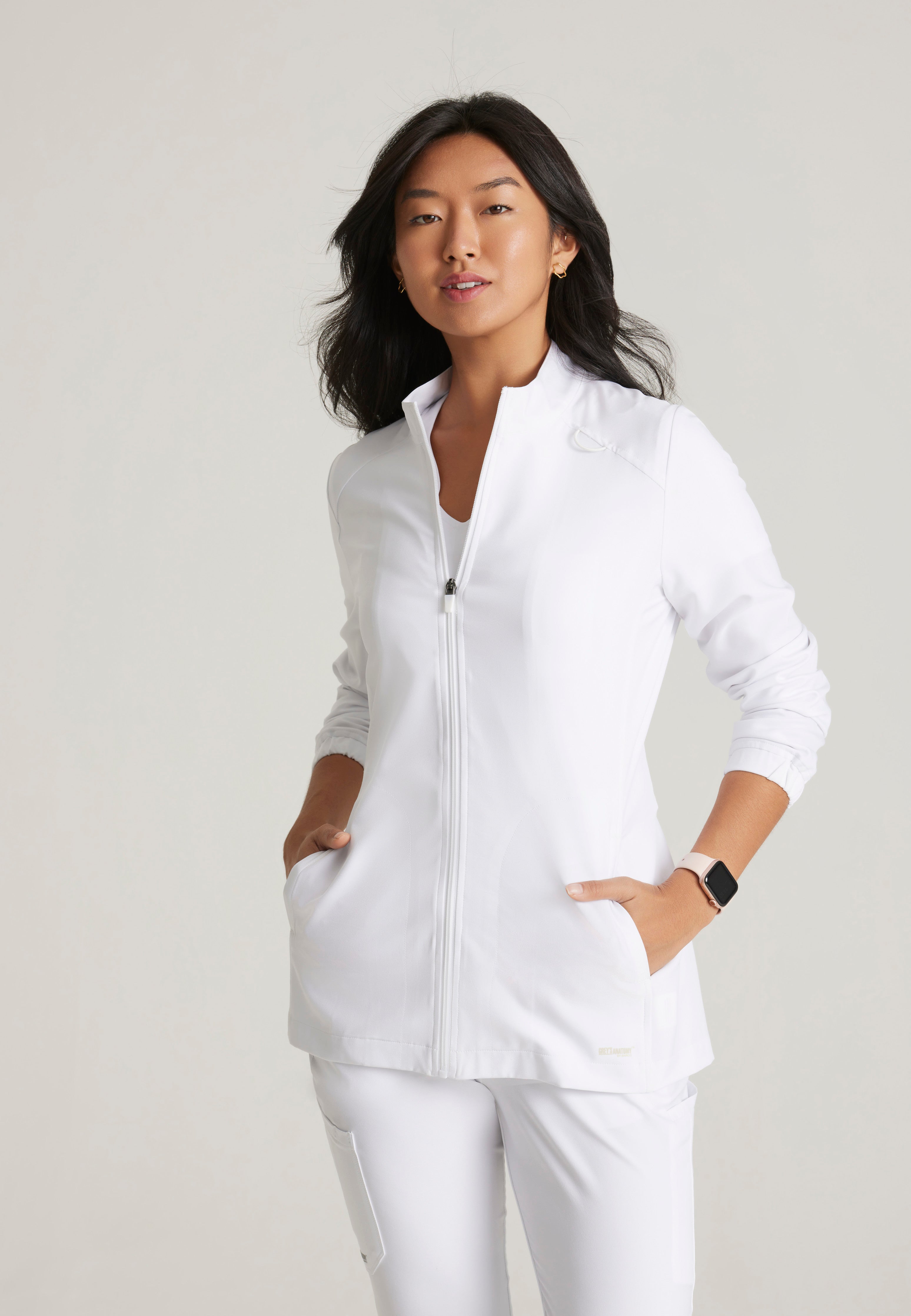 Front View of the Virtue 3-Pocket Stand-Up Collar Ciclo® Scrub Jacket in White from Grey's Anatomy™ by Barco Evolve