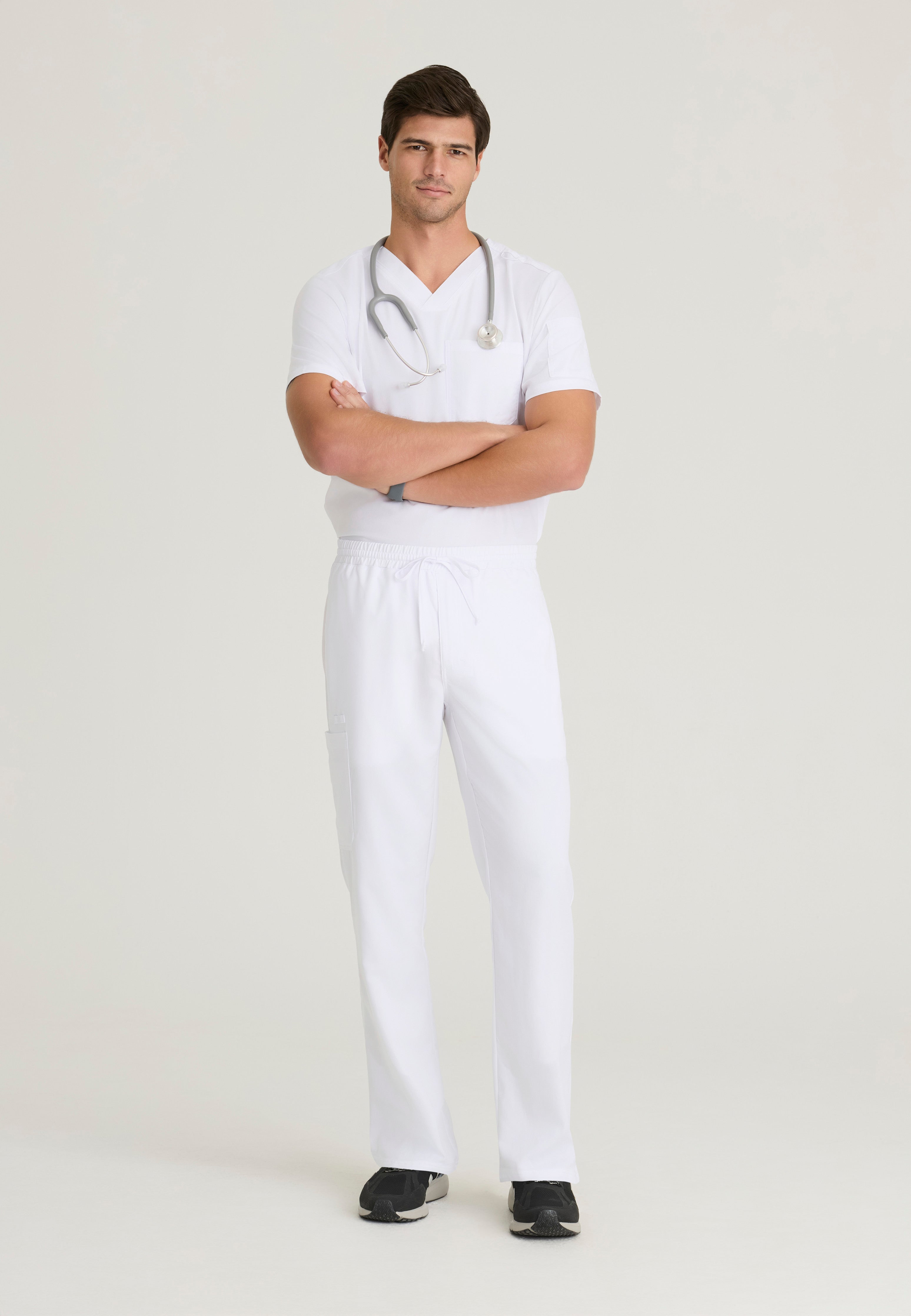 Full Body View of the Evan 5-Pocket Zip-Fly Scrub Pant in White from Grey's Anatomy™ by Barco Classic