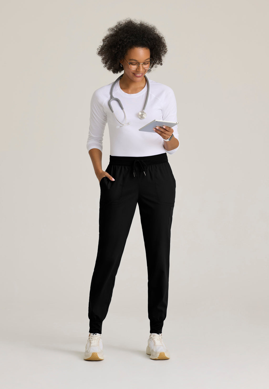 Full Body View of the Finley 6-Pocket Knit Waistband Jogger in Black from Grey's Anatomy™ by Barco Classic