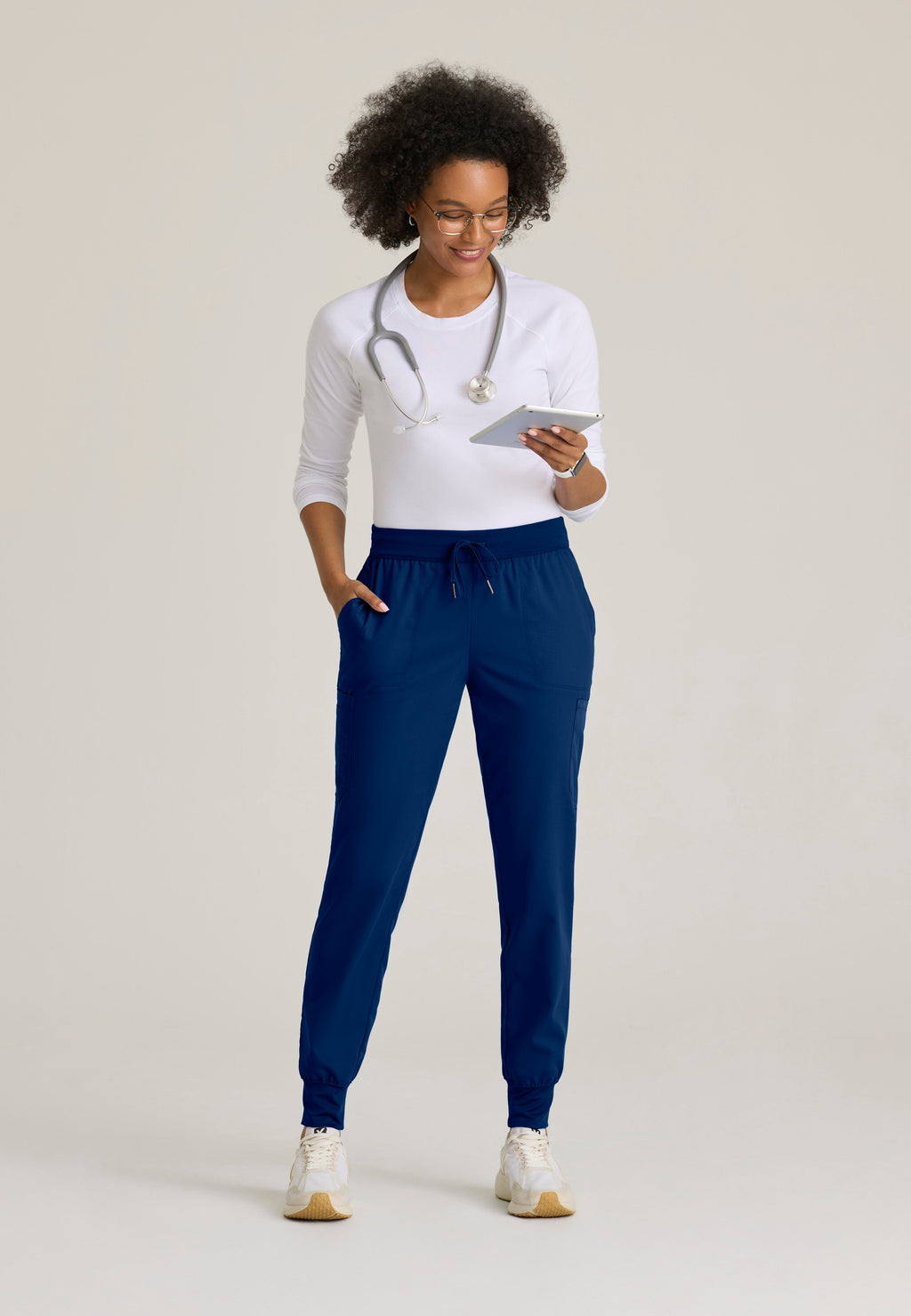 Full Body View of the Finley 6-Pocket Knit Waistband Jogger in Indigo from Grey's Anatomy™ by Barco Classic