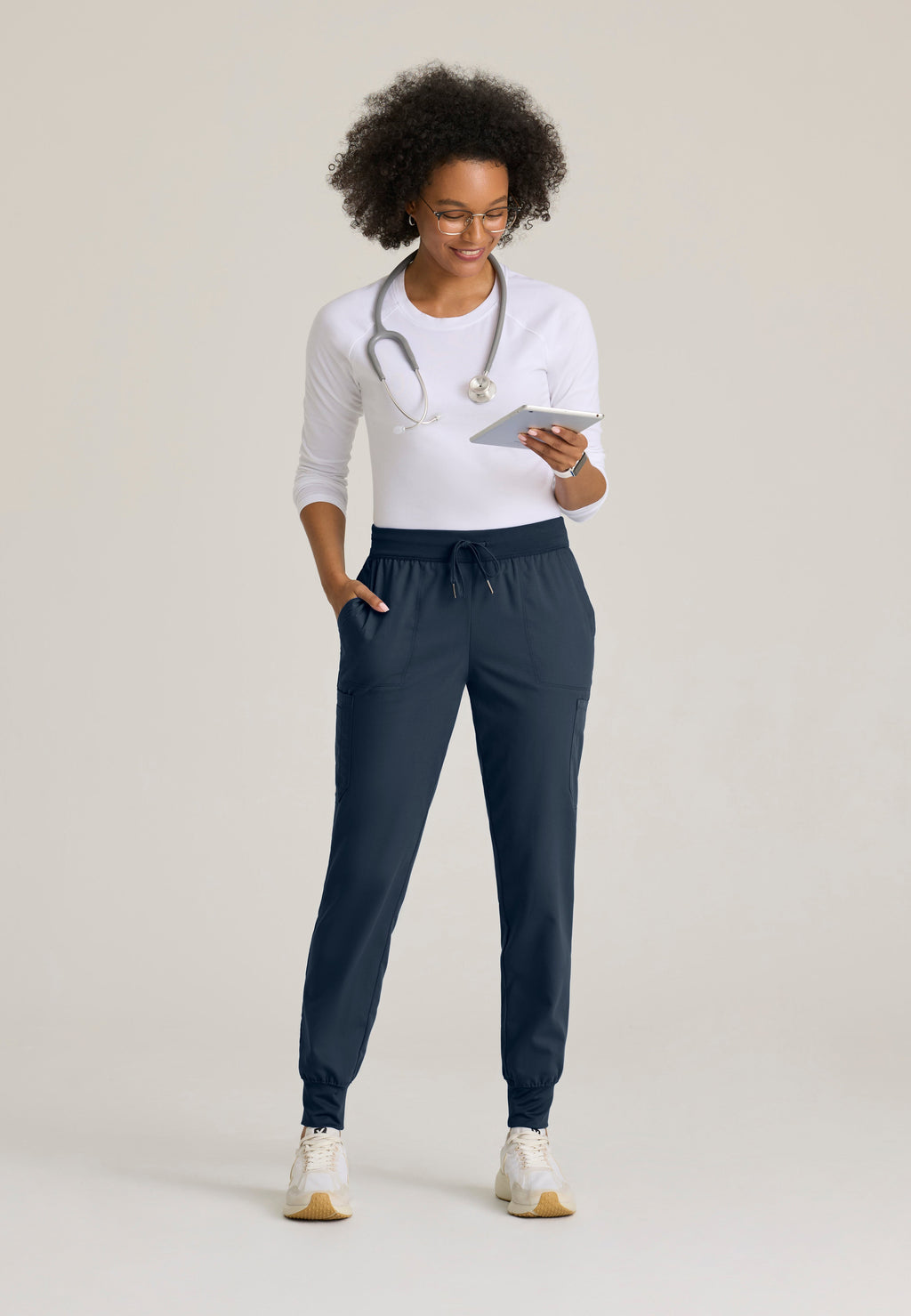 Full Body View of the Finley 6-Pocket Knit Waistband Jogger in Steel from Grey's Anatomy™ by Barco Classic