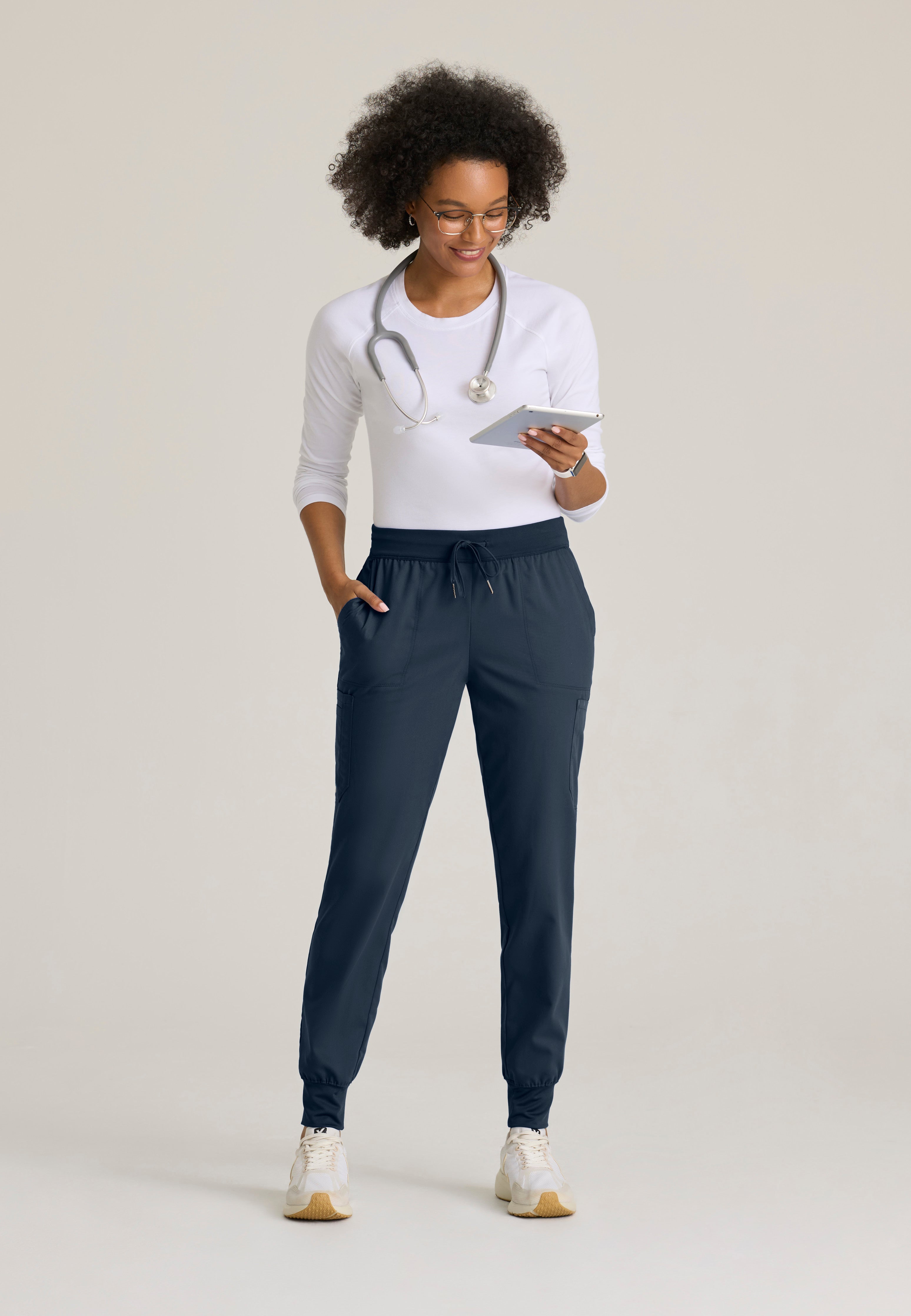 Full Body View of the Finley 6-Pocket Knit Waistband Jogger in Steel from Grey's Anatomy™ by Barco Classic