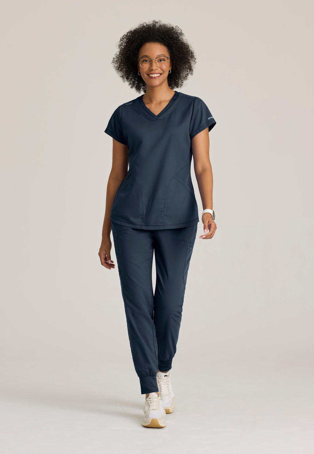 Full Body View of the Evelyn Pintuck Detail Scrub Top in Steel from Grey's Anatomy™ by Barco Classic
