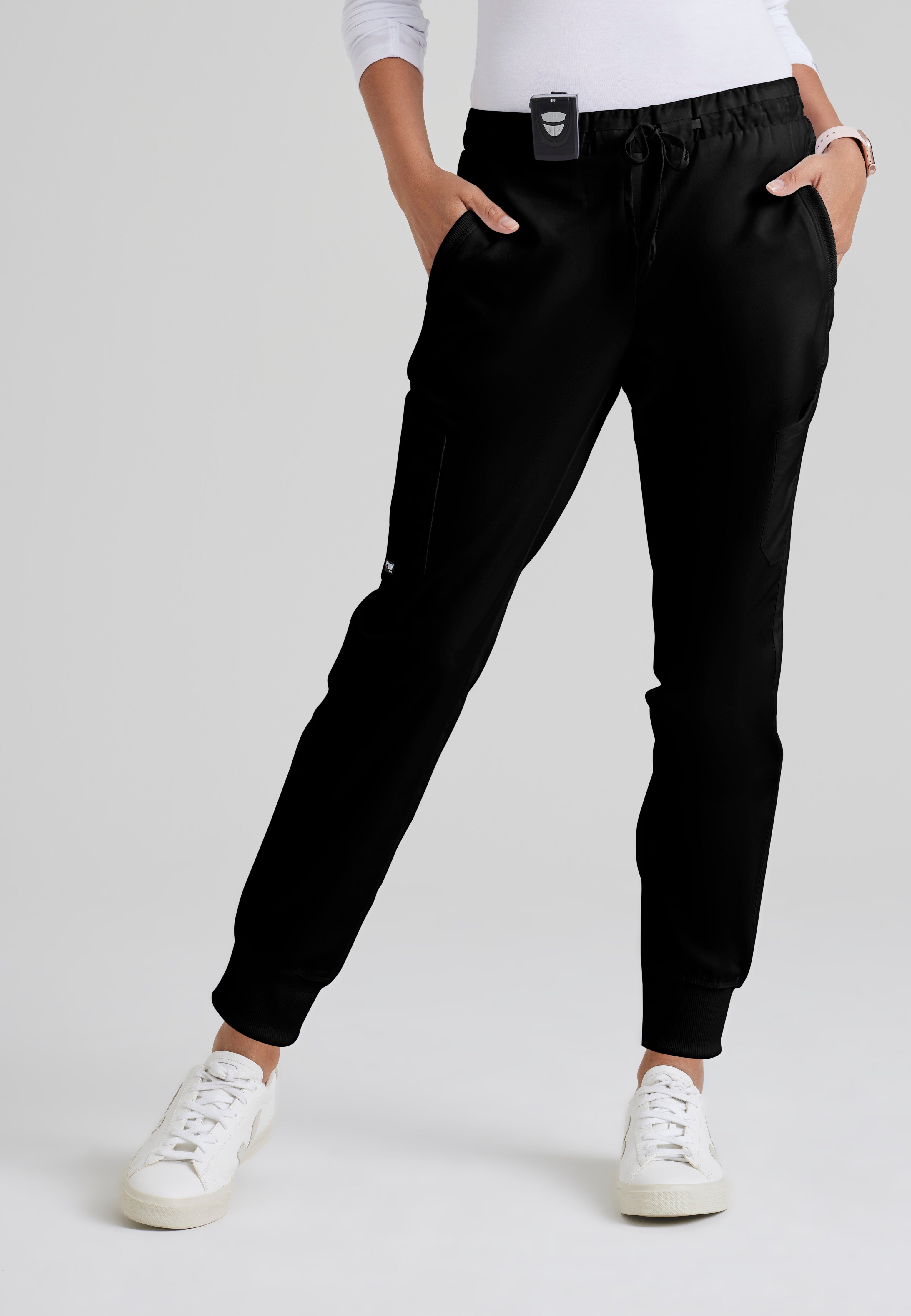 Front View of the Kira 5-Pocket Mid-Rise Jogger Scrub Pant in Black from Grey's Anatomy™ by Barco Classic