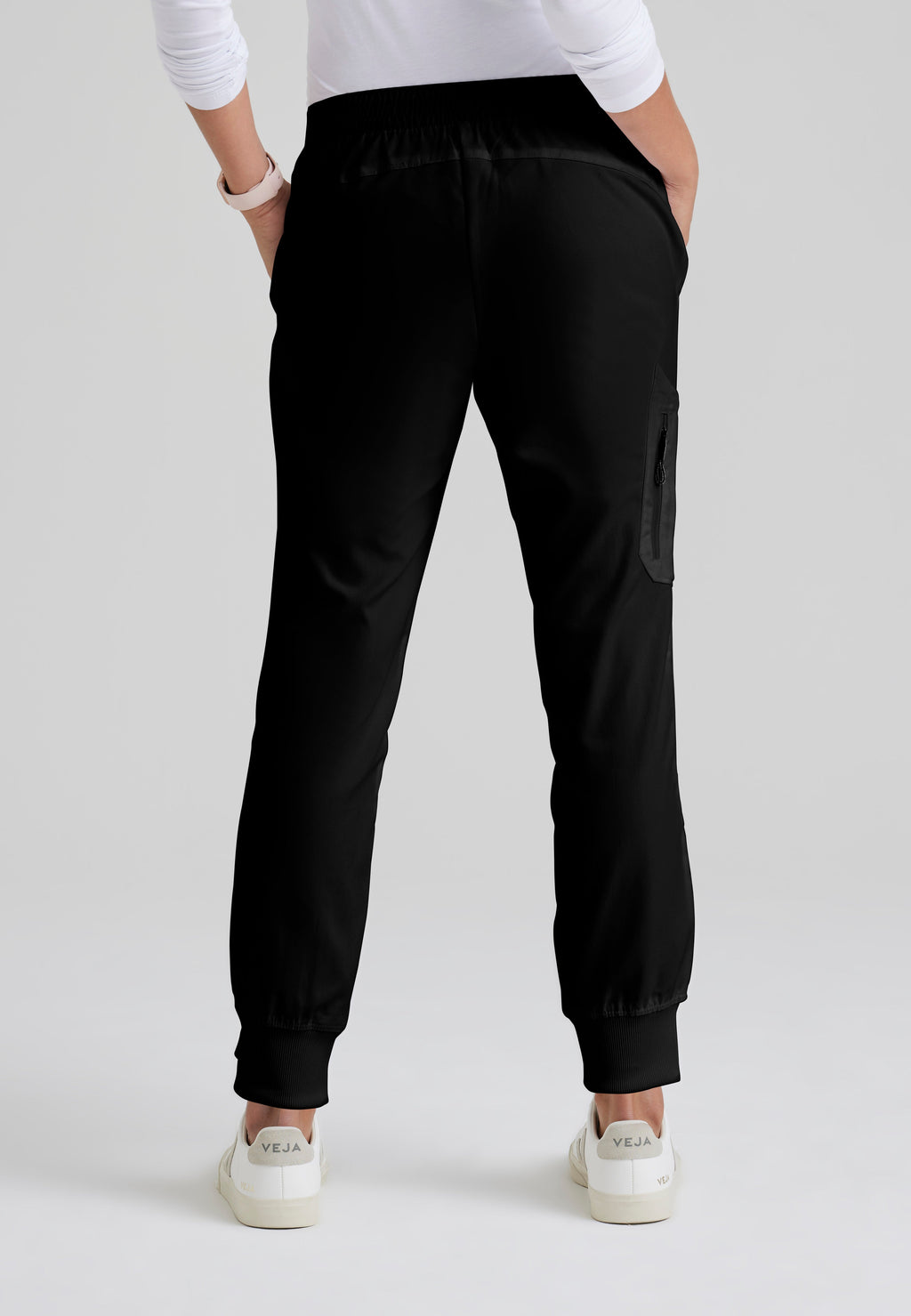 Back View of the Kira 5-Pocket Mid-Rise Jogger Scrub Pant in Black from Grey's Anatomy™ by Barco Classic