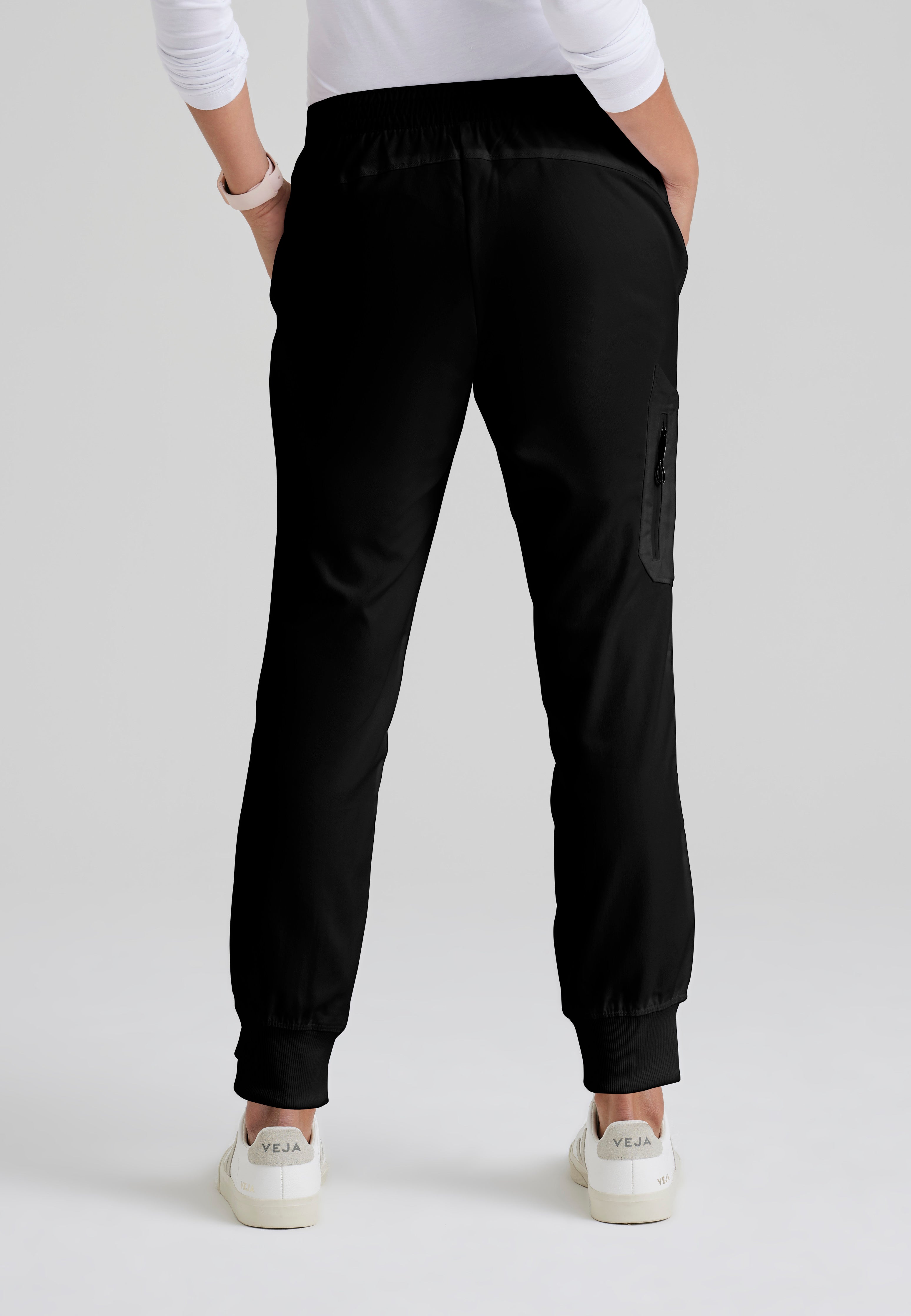 Back View of the Kira 5-Pocket Mid-Rise Jogger Scrub Pant in Black from Grey's Anatomy™ by Barco Classic