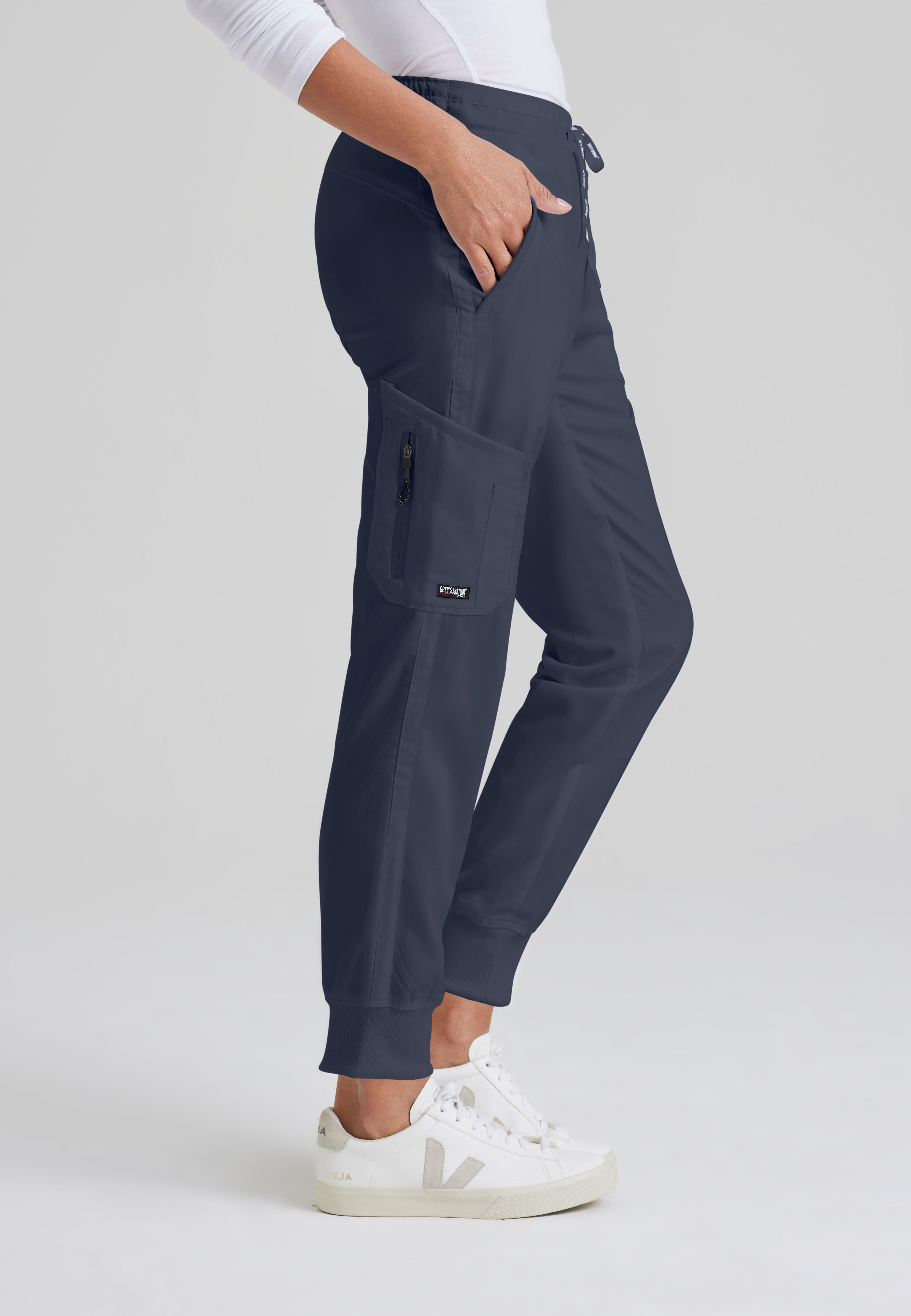 Side View of the Kira 5-Pocket Mid-Rise Jogger Scrub Pant in Steel from Grey's Anatomy™ by Barco Classic