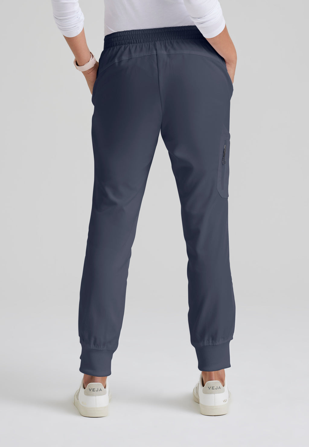 Back View of the Kira 5-Pocket Mid-Rise Jogger Scrub Pant in Steel from Grey's Anatomy™ by Barco Classic