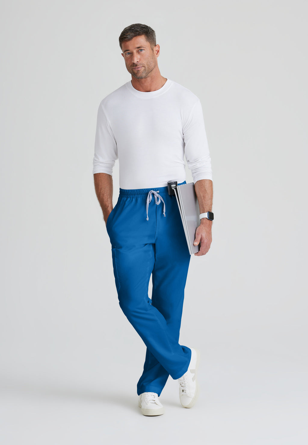 Full Body View of the Evan 5-Pocket Zip-Fly Scrub Pant in New Royal from Grey's Anatomy™ by Barco Classic