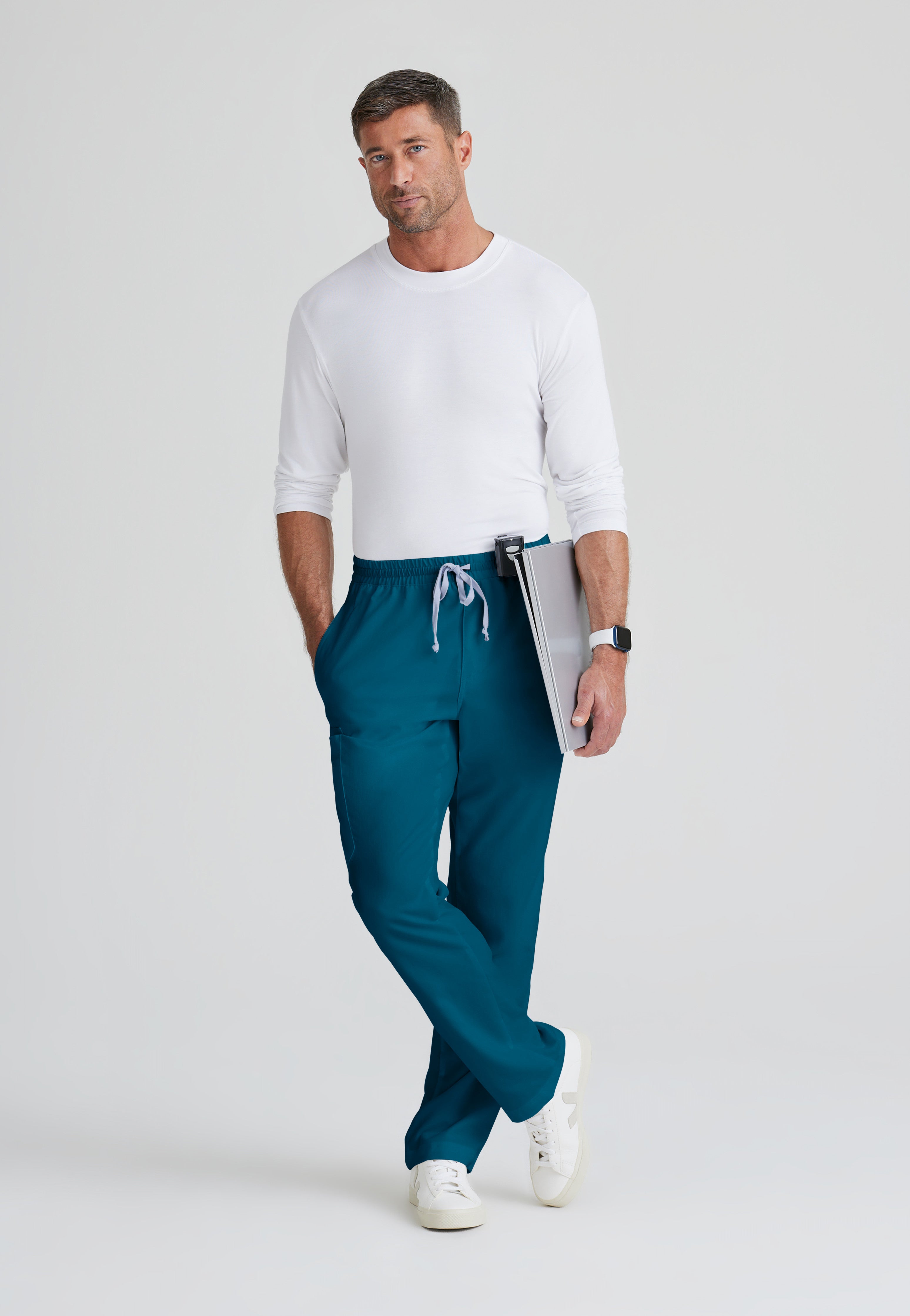 Full Body View of the Evan 5-Pocket Zip-Fly Scrub Pant in Bahama from Grey's Anatomy™ by Barco Classic