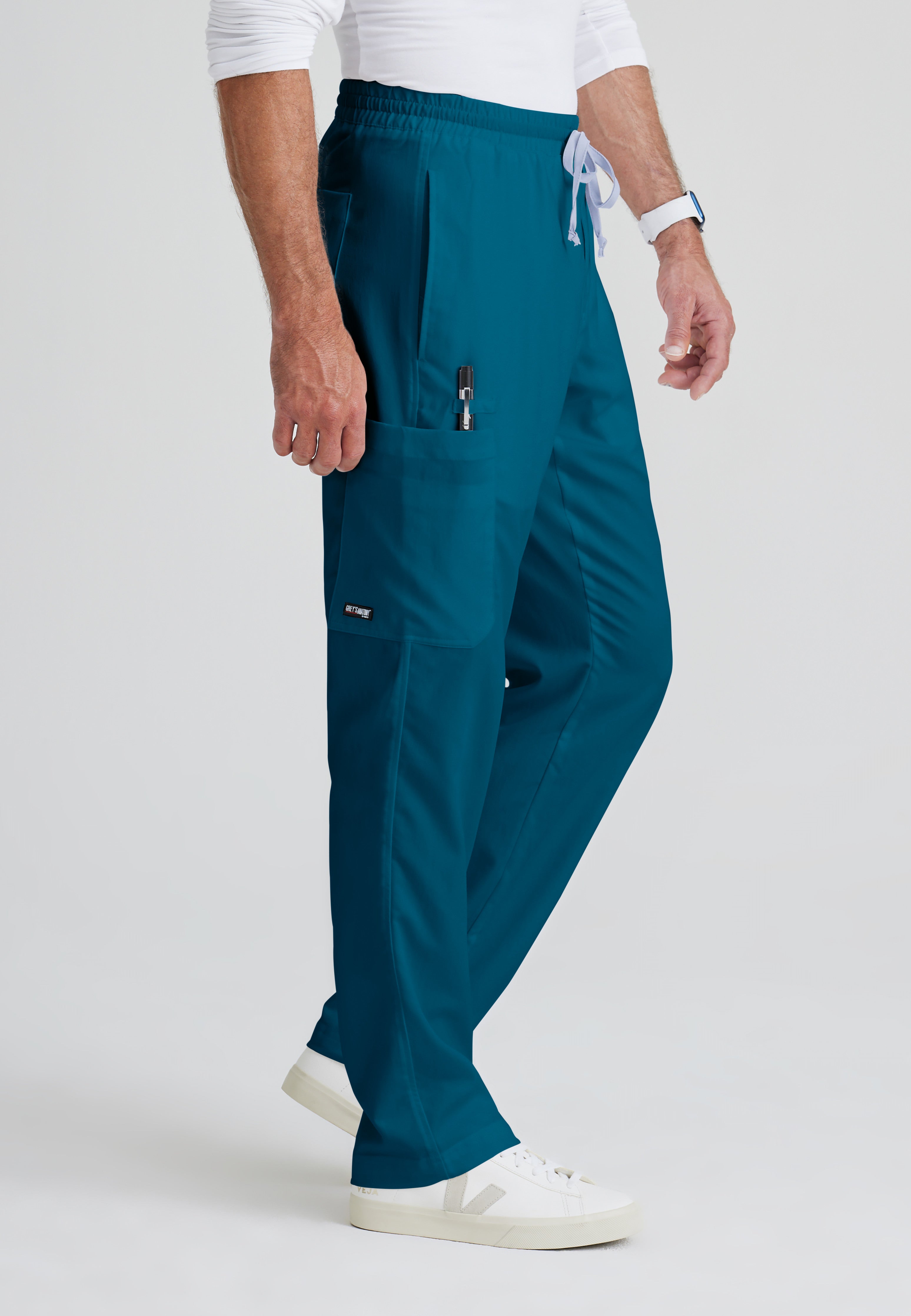Side View of the Evan 5-Pocket Zip-Fly Scrub Pant in Bahama from Grey's Anatomy™ by Barco Classic