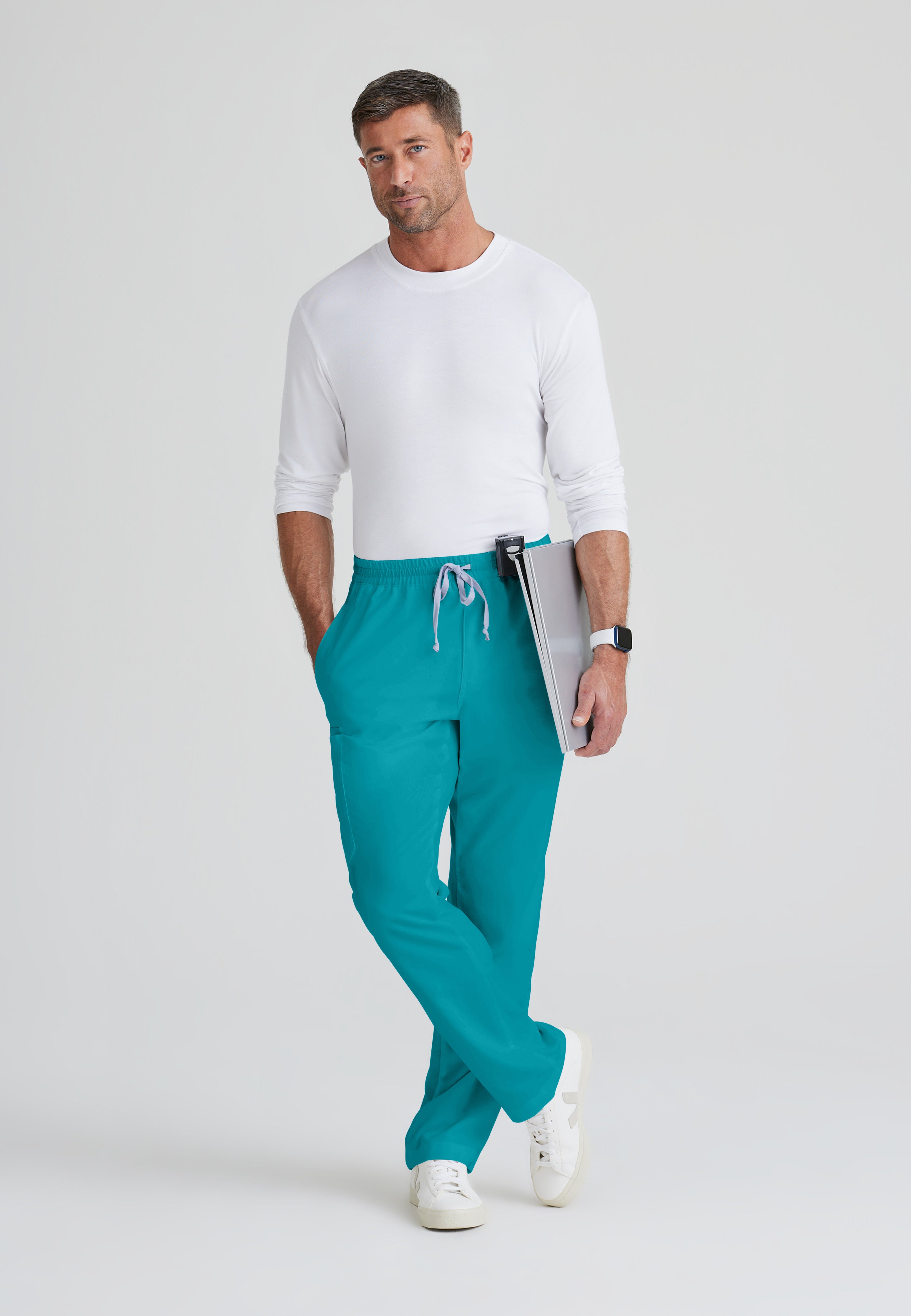 Full Body View of the Evan 5-Pocket Zip-Fly Scrub Pant in Teal from Grey's Anatomy™ by Barco Classic