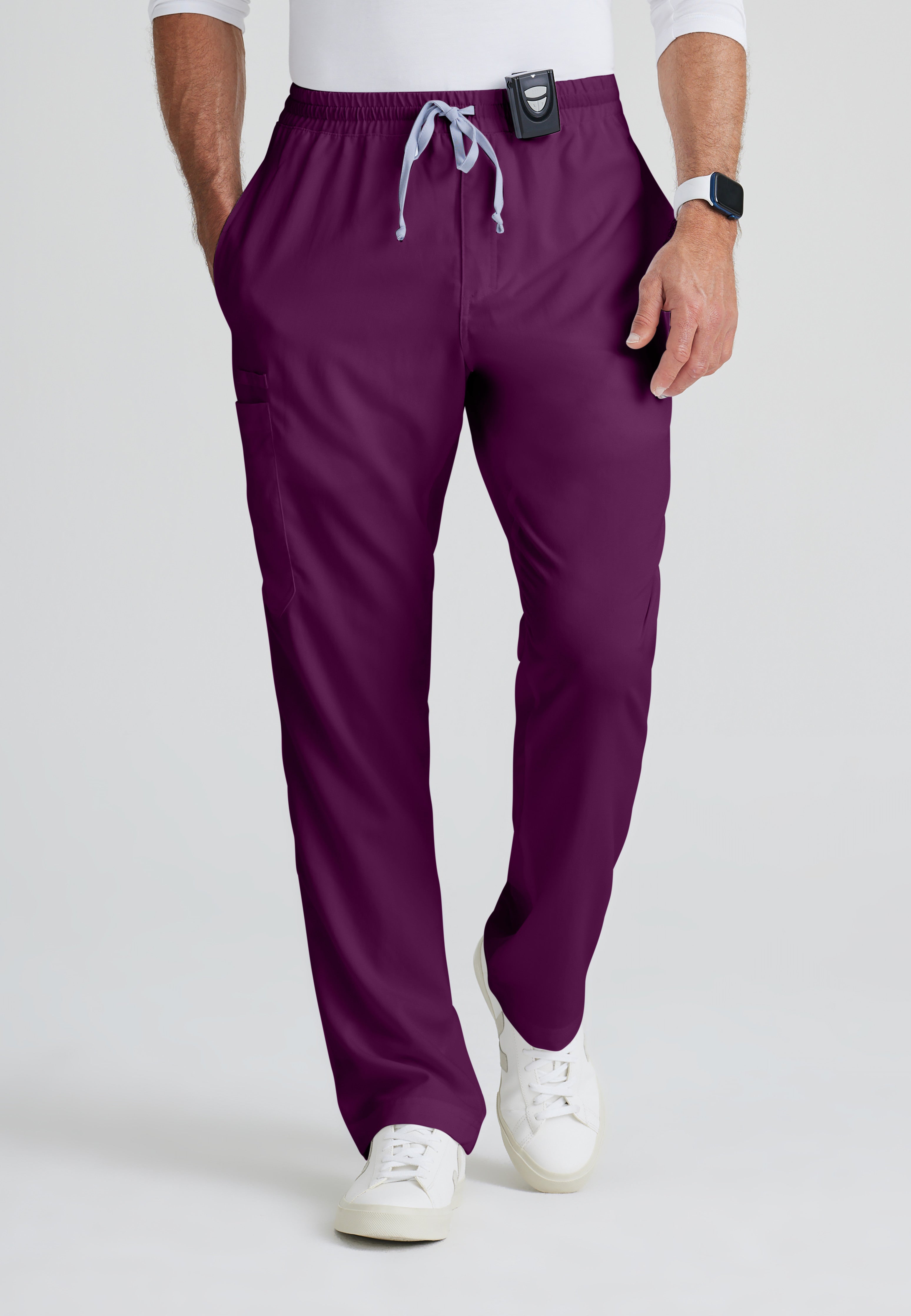 Front View of the Evan 5-Pocket Zip-Fly Scrub Pant in Wine from Grey's Anatomy™ by Barco Classic