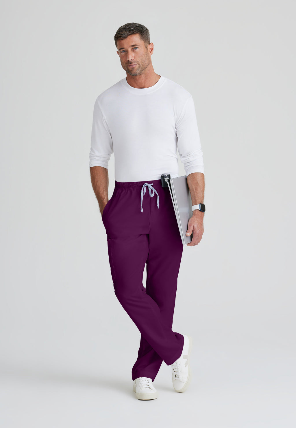 Full Body View of the Evan 5-Pocket Zip-Fly Scrub Pant in Wine from Grey's Anatomy™ by Barco Classic