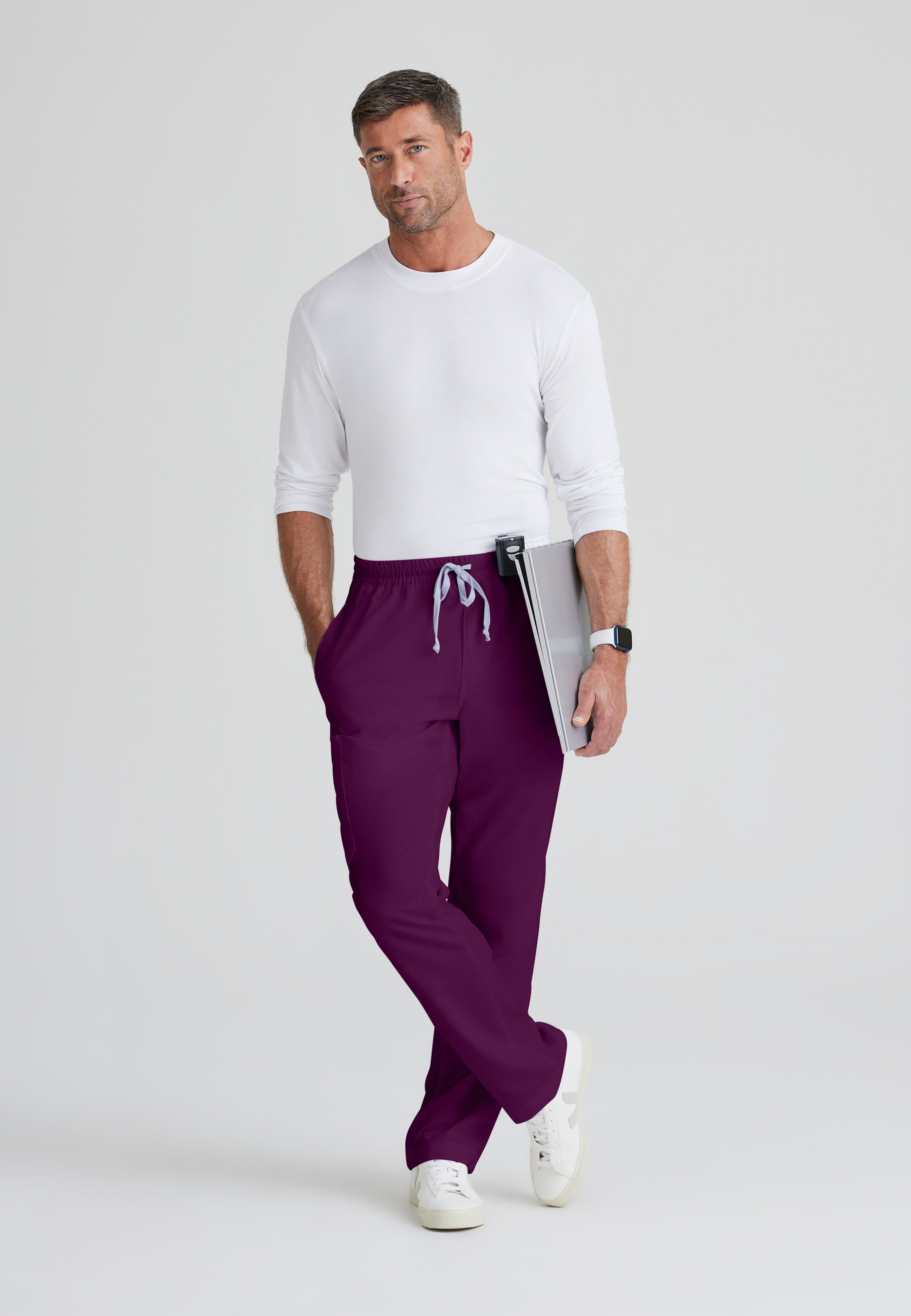 Full Body View of the Evan 5-Pocket Zip-Fly Scrub Pant in Wine from Grey's Anatomy™ by Barco Classic
