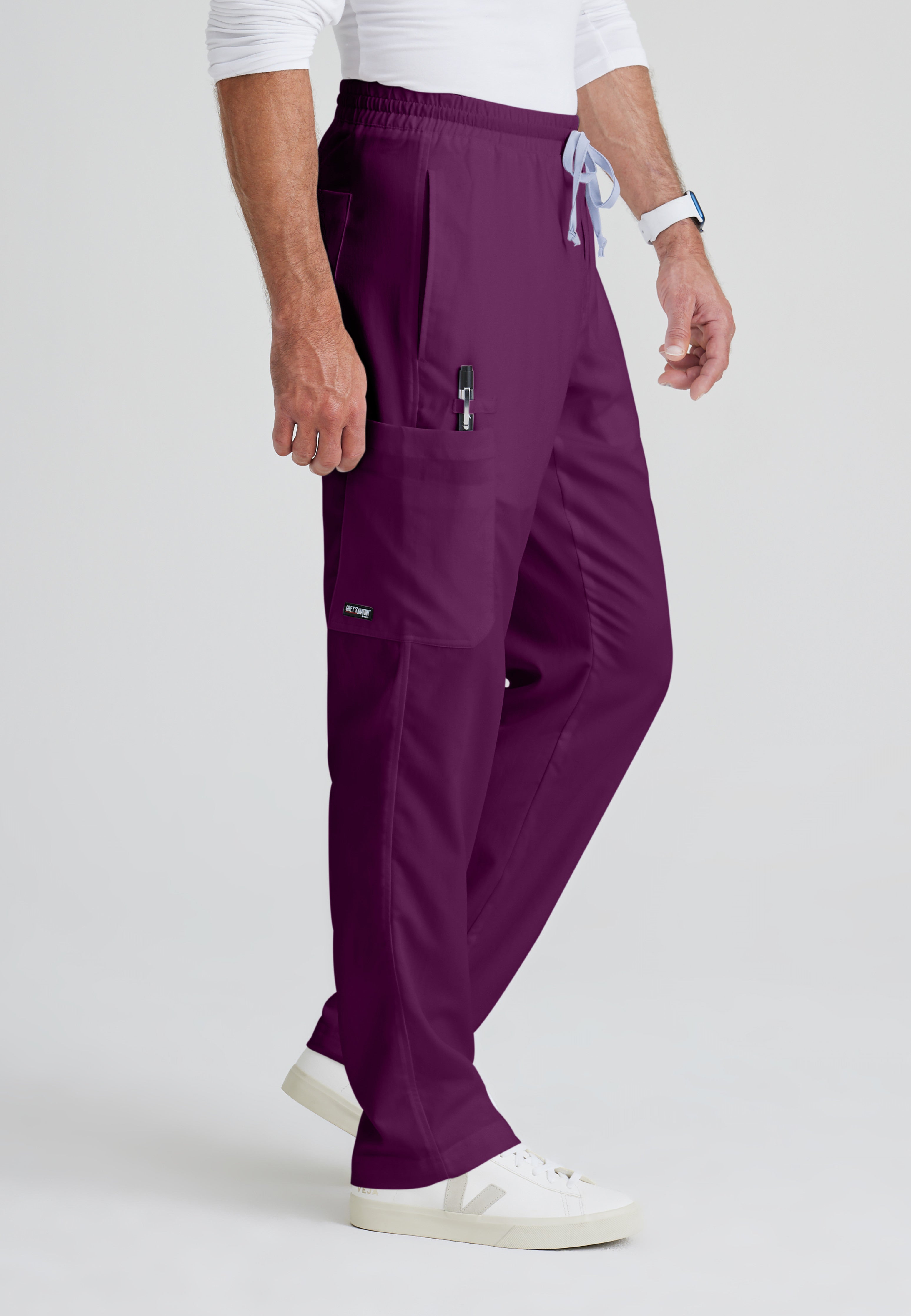 Side View of the Evan 5-Pocket Zip-Fly Scrub Pant in Wine from Grey's Anatomy™ by Barco Classic