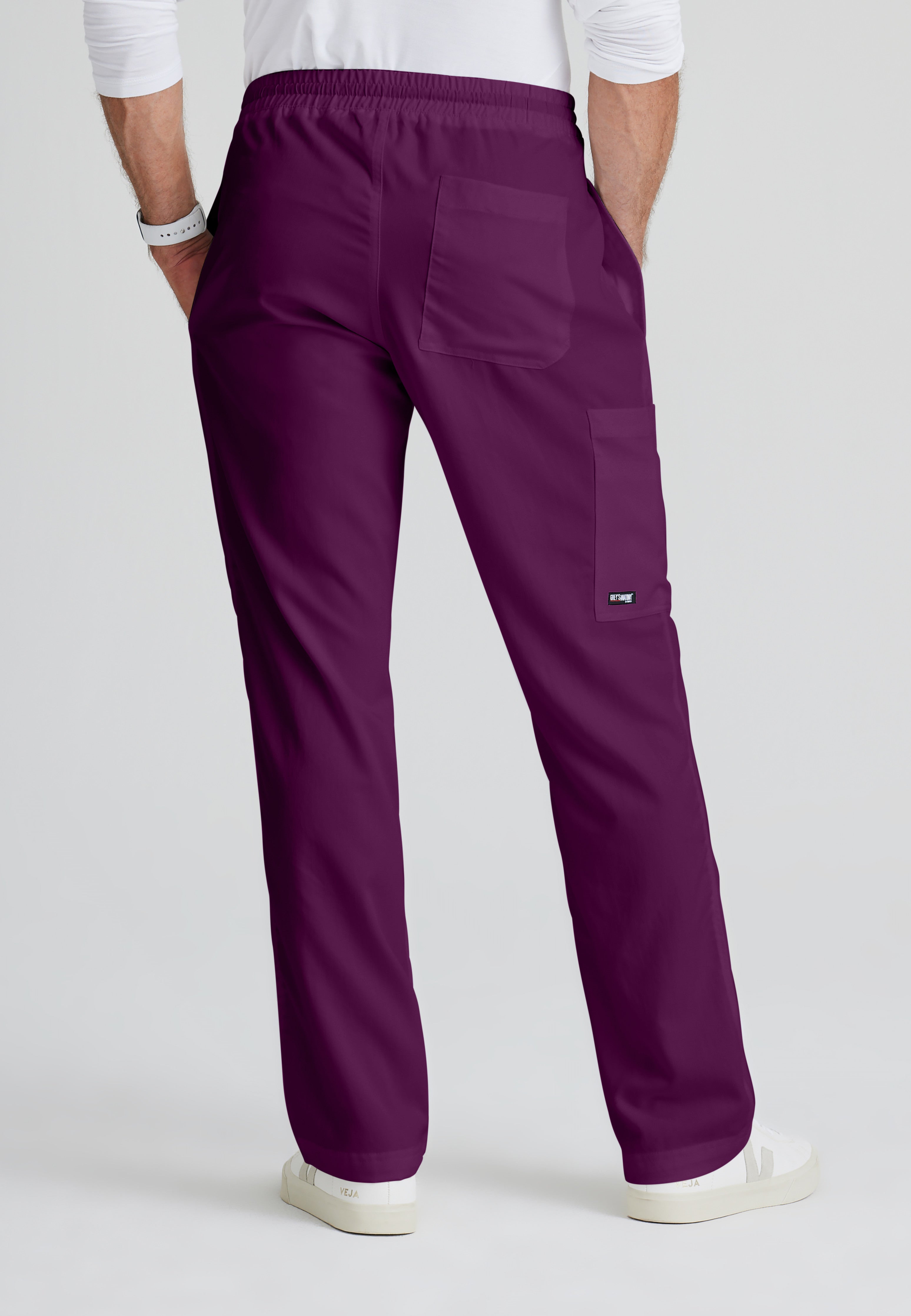 Back View of the Evan 5-Pocket Zip-Fly Scrub Pant in Wine from Grey's Anatomy™ by Barco Classic