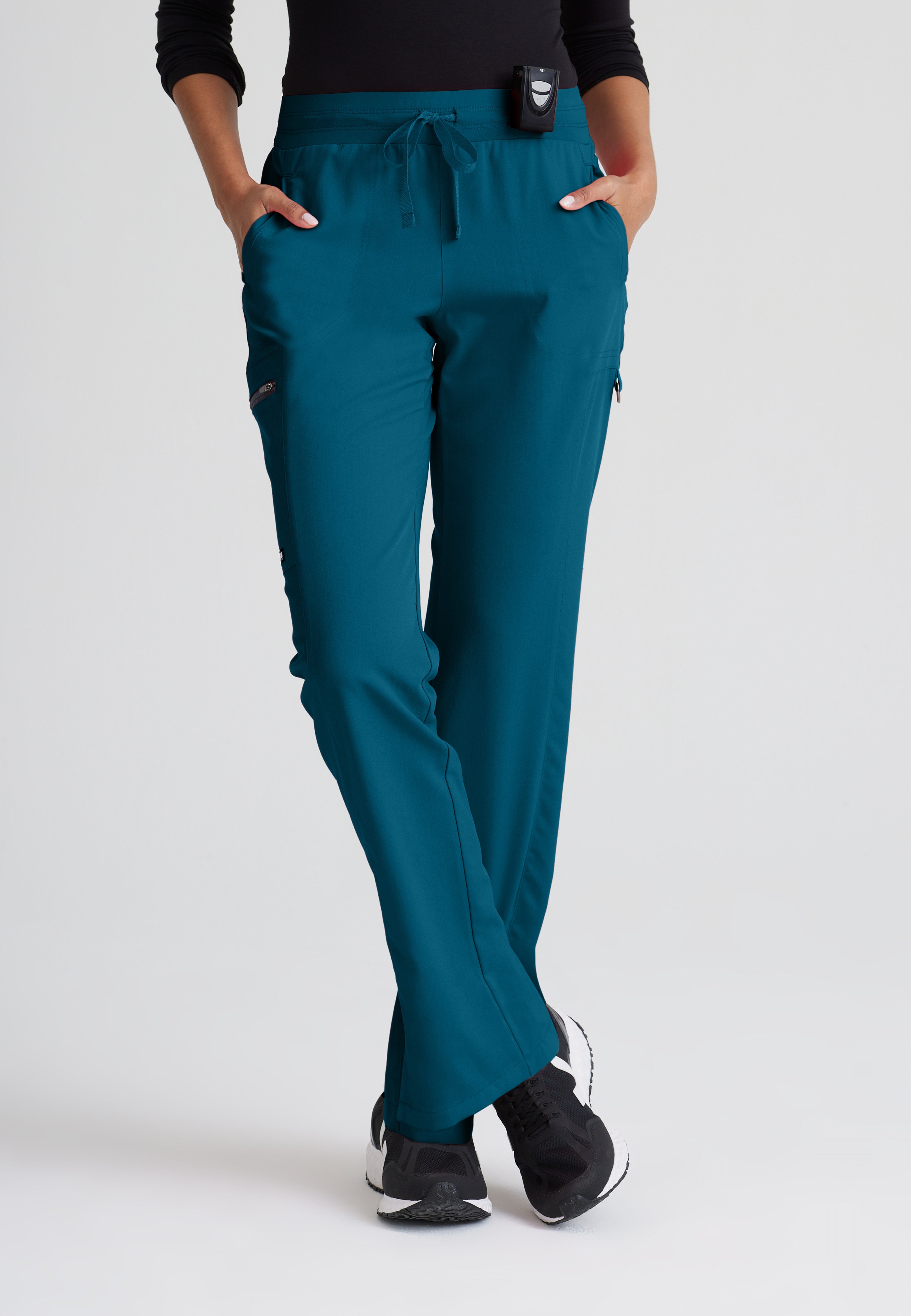 Front View of the Kim 3-Pocket Mid-Rise Straight Leg Scrub Pant in Bahama from Grey's Anatomy™ by Barco Spandex Stretch