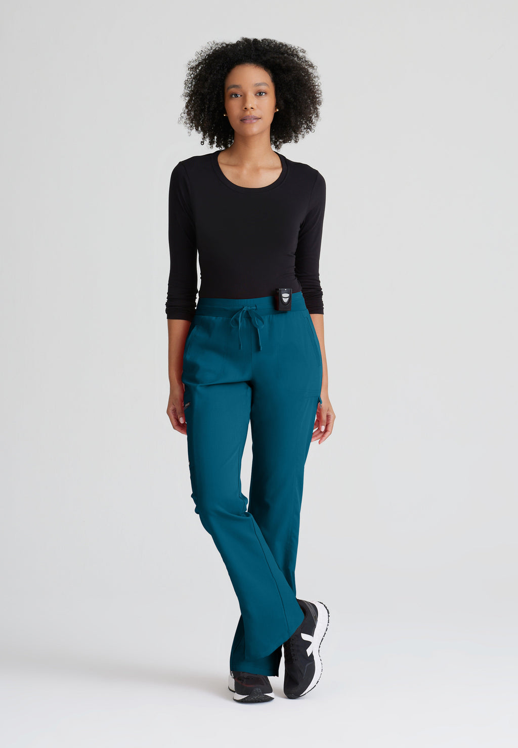 Full Body View of the Kim 3-Pocket Mid-Rise Straight Leg Scrub Pant in Bahama from Grey's Anatomy™ by Barco Spandex Stretch