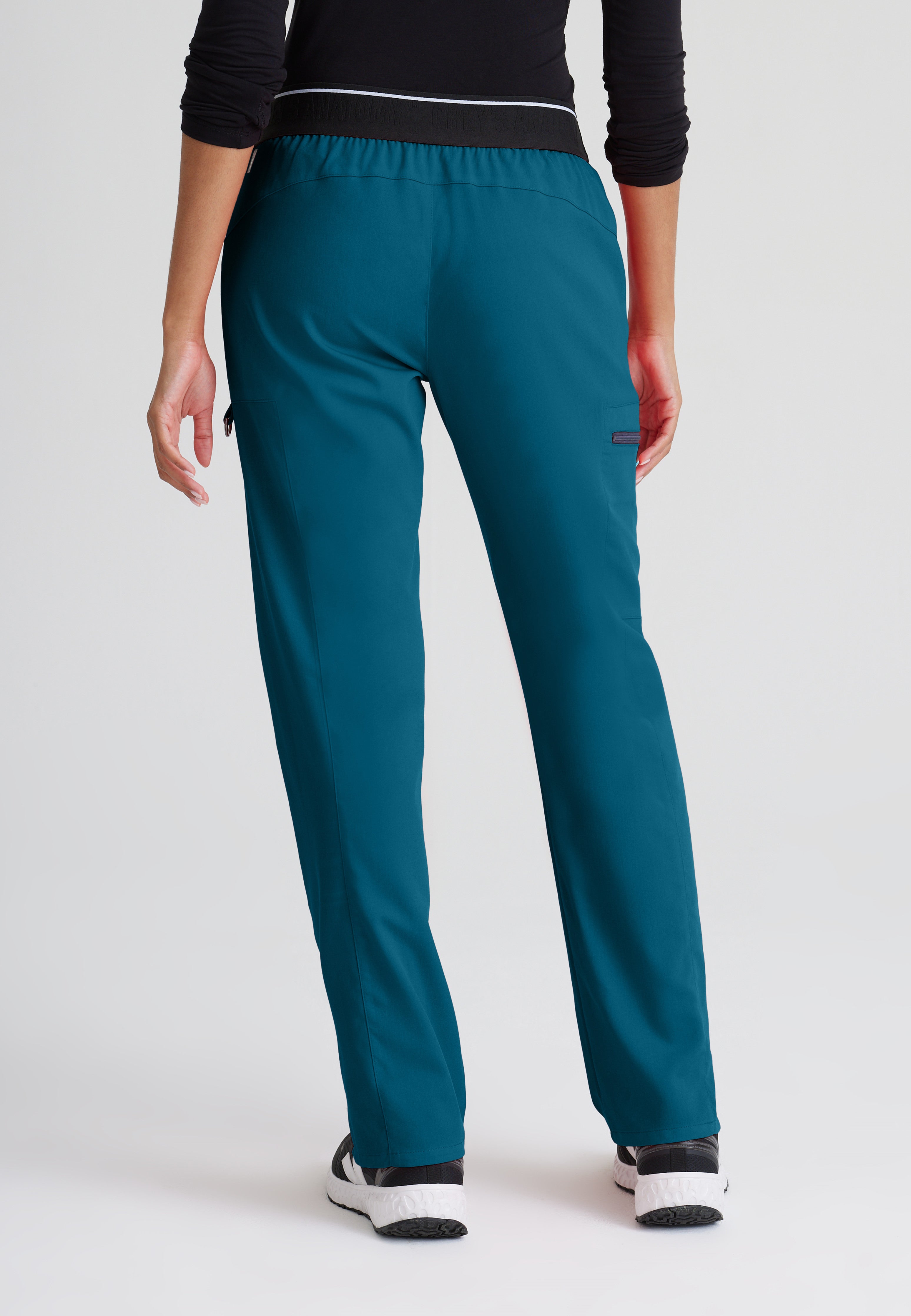 Back View of the Kim 3-Pocket Mid-Rise Straight Leg Scrub Pant in Bahama from Grey's Anatomy™ by Barco Spandex Stretch