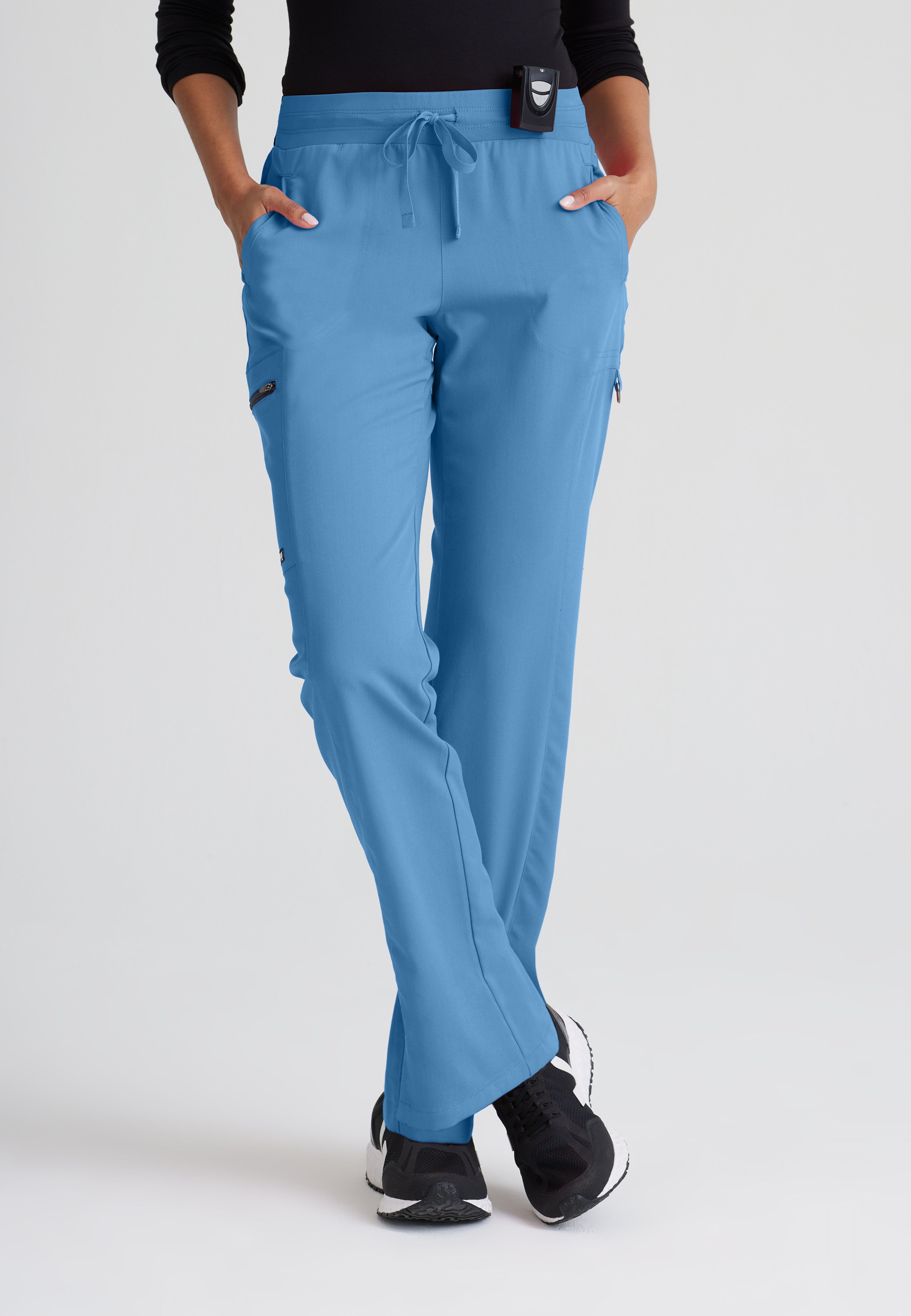 Front View of the Kim 3-Pocket Mid-Rise Straight Leg Scrub Pant in Ciel Blue from Grey's Anatomy™ by Barco Spandex Stretch