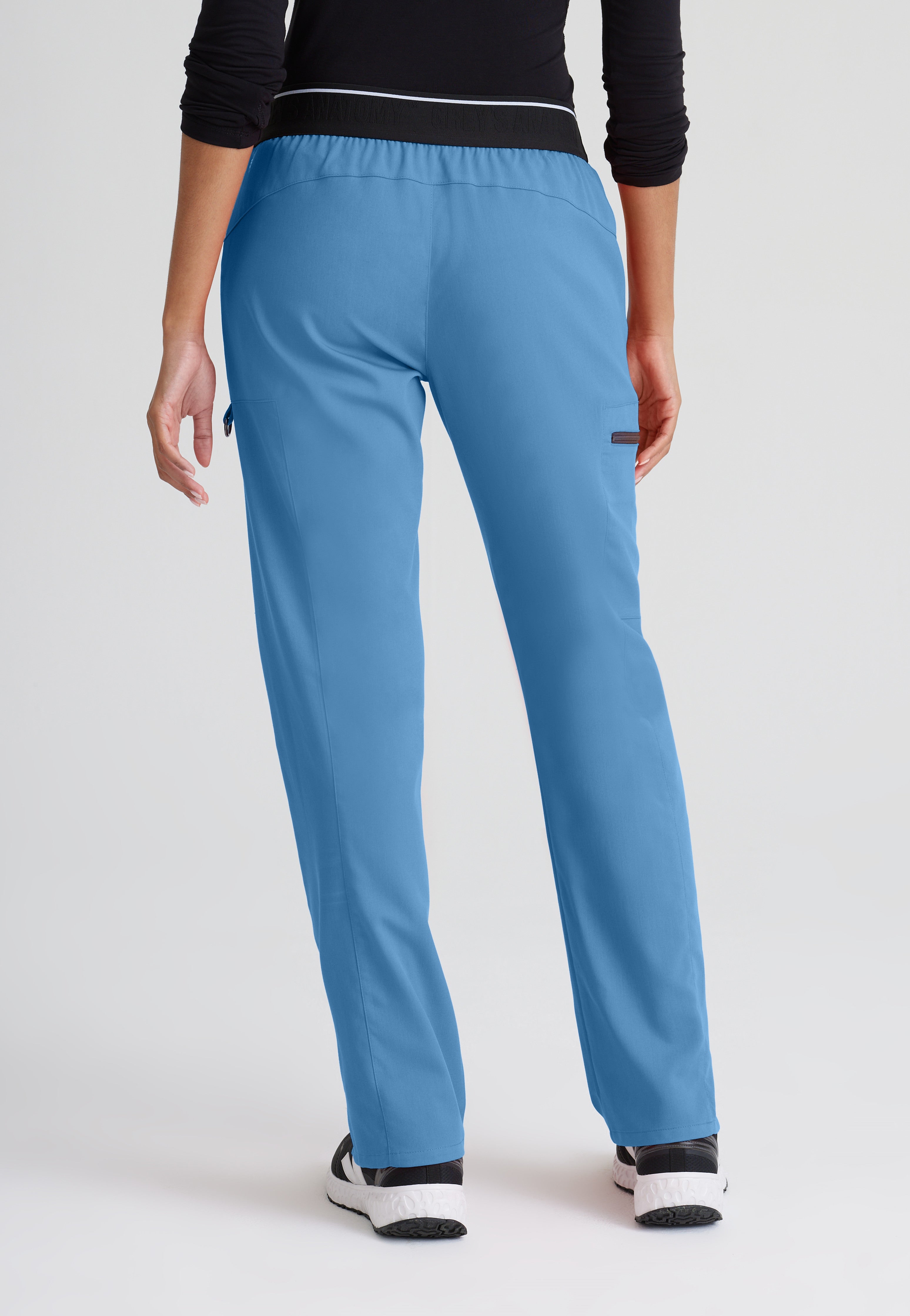 Back View of the Kim 3-Pocket Mid-Rise Straight Leg Scrub Pant in Ciel Blue from Grey's Anatomy™ by Barco Spandex Stretch