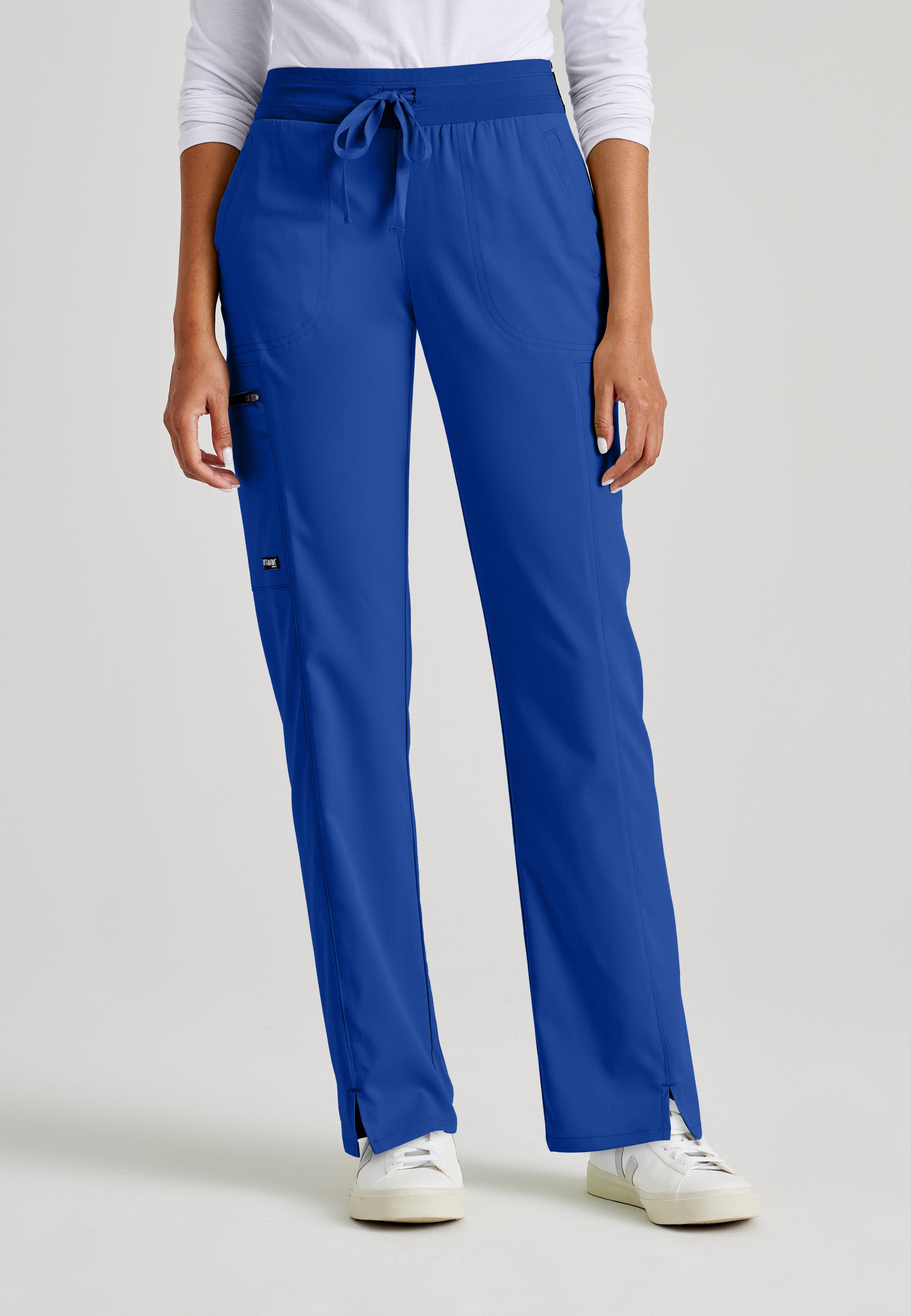 Front View of the Kim 3-Pocket Mid-Rise Straight Leg Scrub Pant in Galaxy from Grey's Anatomy™ by Barco Spandex Stretch