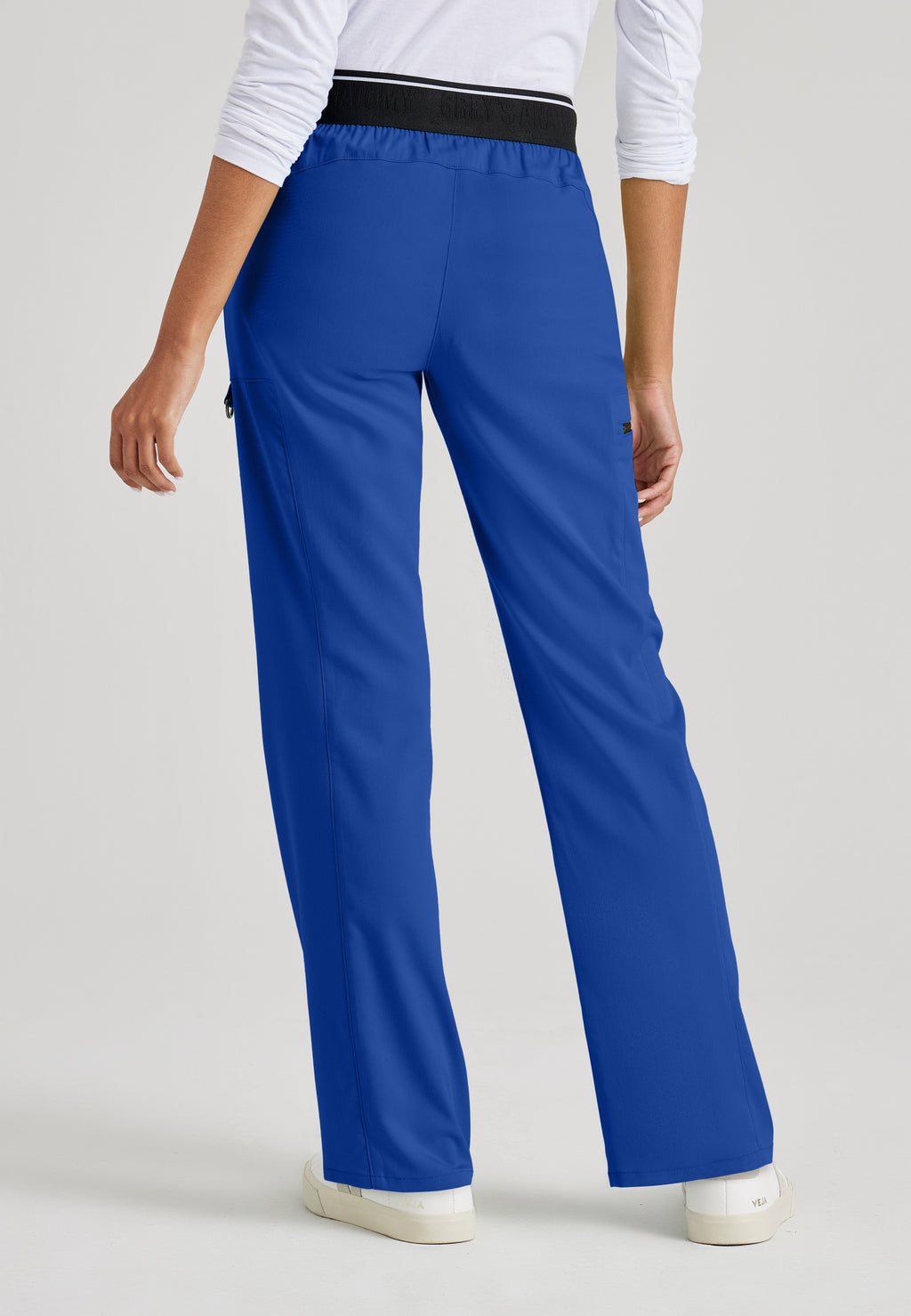Back View of the Kim 3-Pocket Mid-Rise Straight Leg Scrub Pant in Galaxy from Grey's Anatomy™ by Barco Spandex Stretch