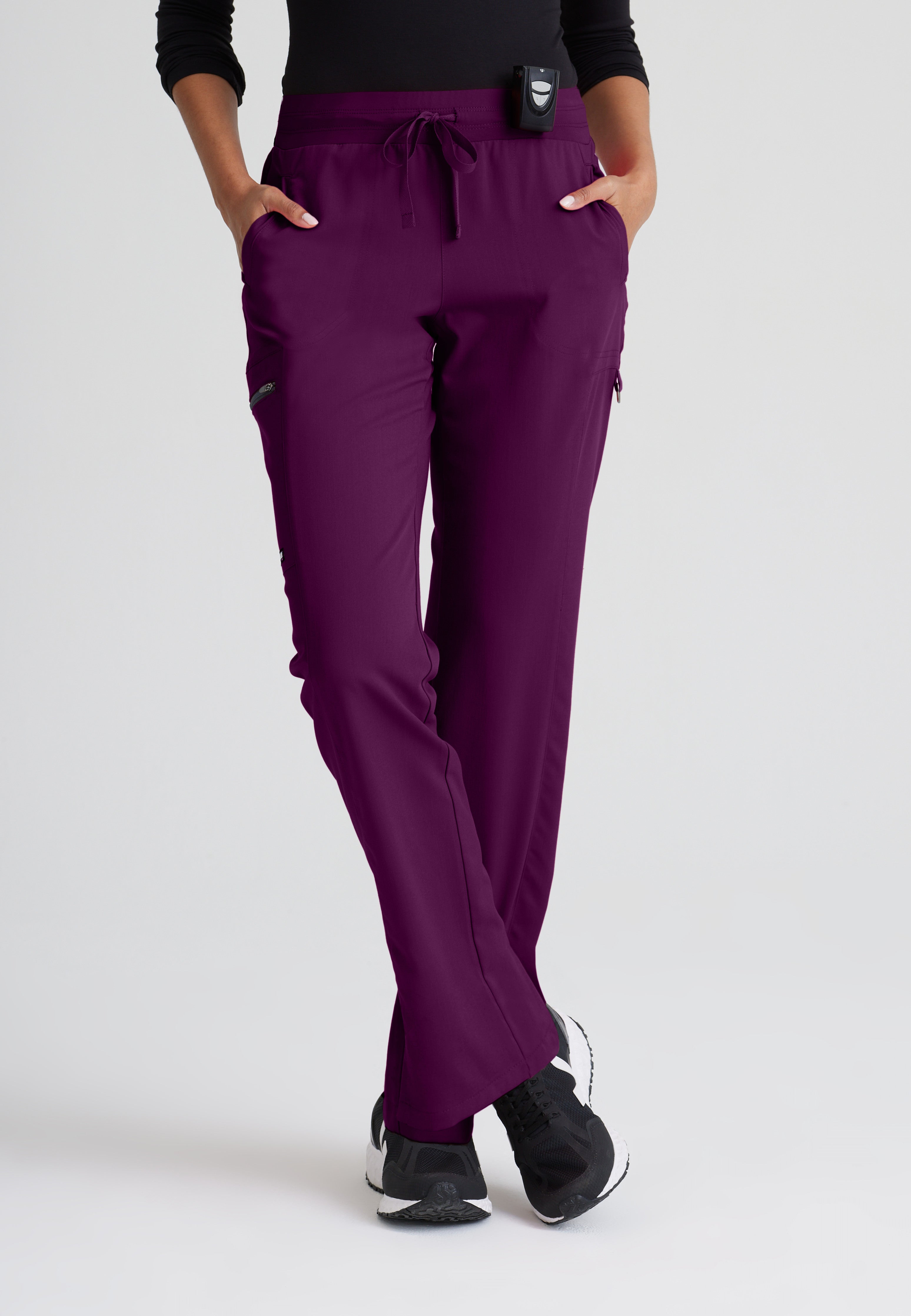 Front View of the Kim 3-Pocket Mid-Rise Straight Leg Scrub Pant in Wine from Grey's Anatomy™ by Barco Spandex Stretch