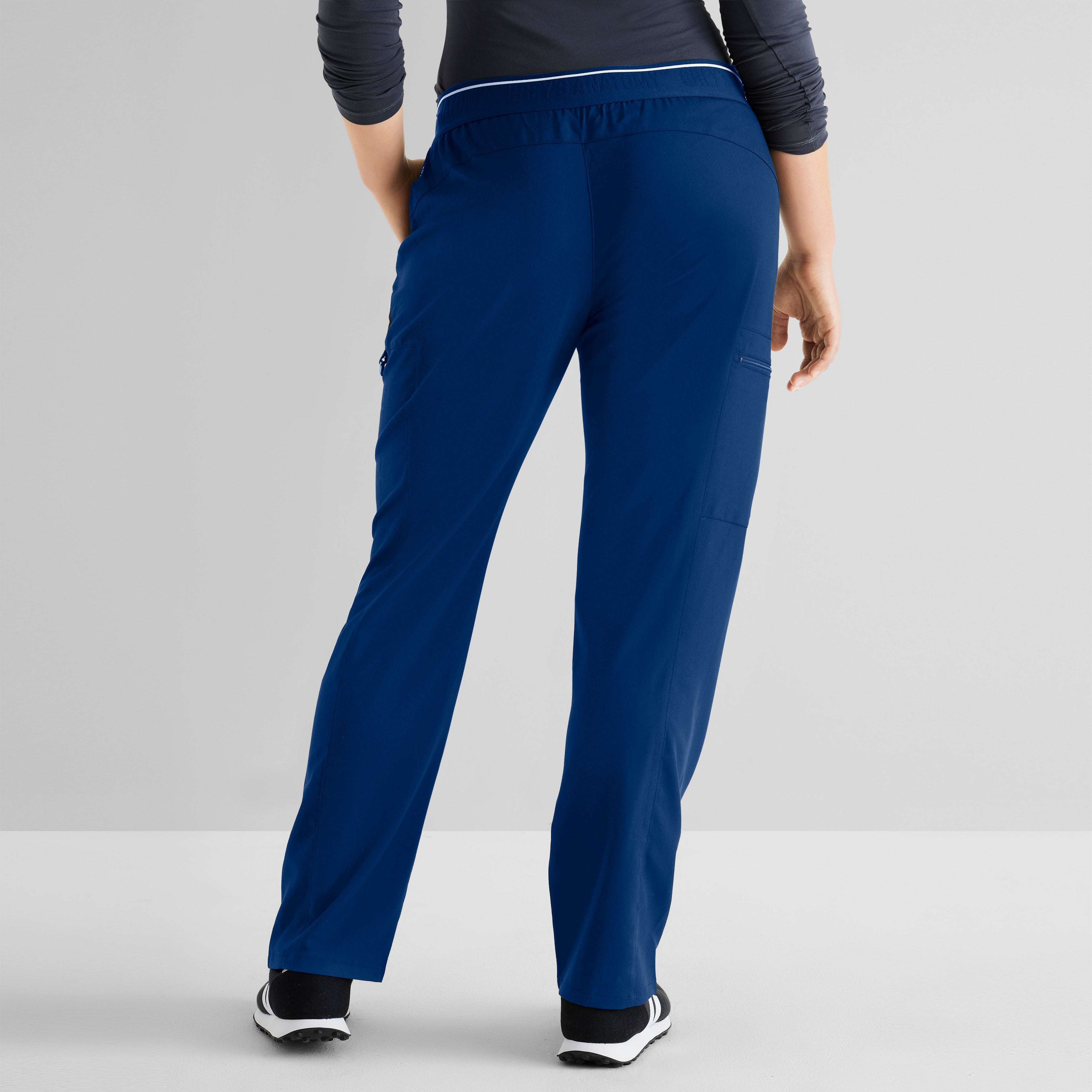 Grey's Anatomy Spandex-Stretch Kim scrub Pants in indigo - Straight leg. Mid rise. 3 pockets. Soft touch moisture wicking fabric. 