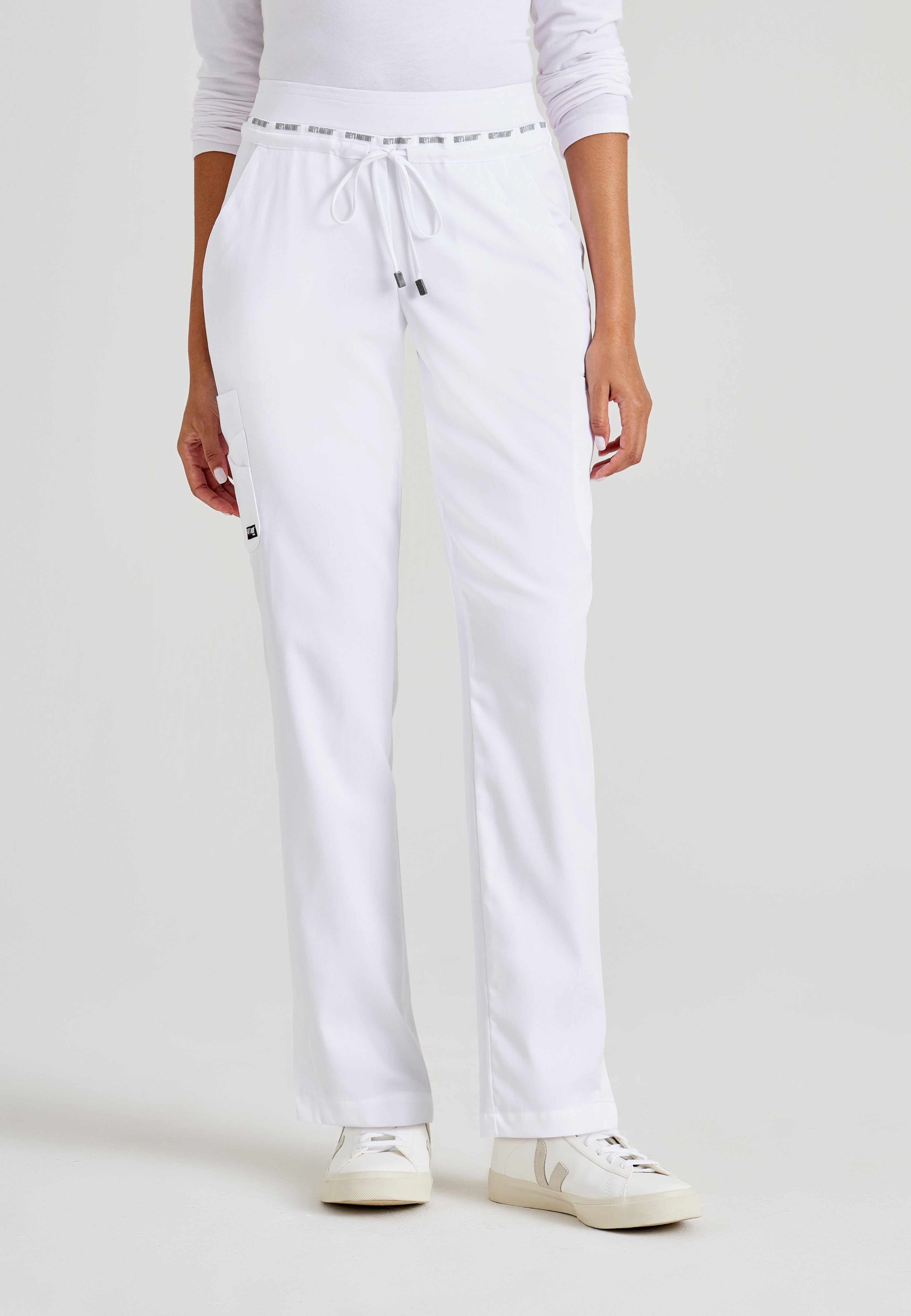 Grey's Anatomy Spandex-Stretch white Women’s Double Cargo Tapered Scrub Pants with Elastic Waistband. 7 Pockets. Mid rise. Wrinkle release fabric. 