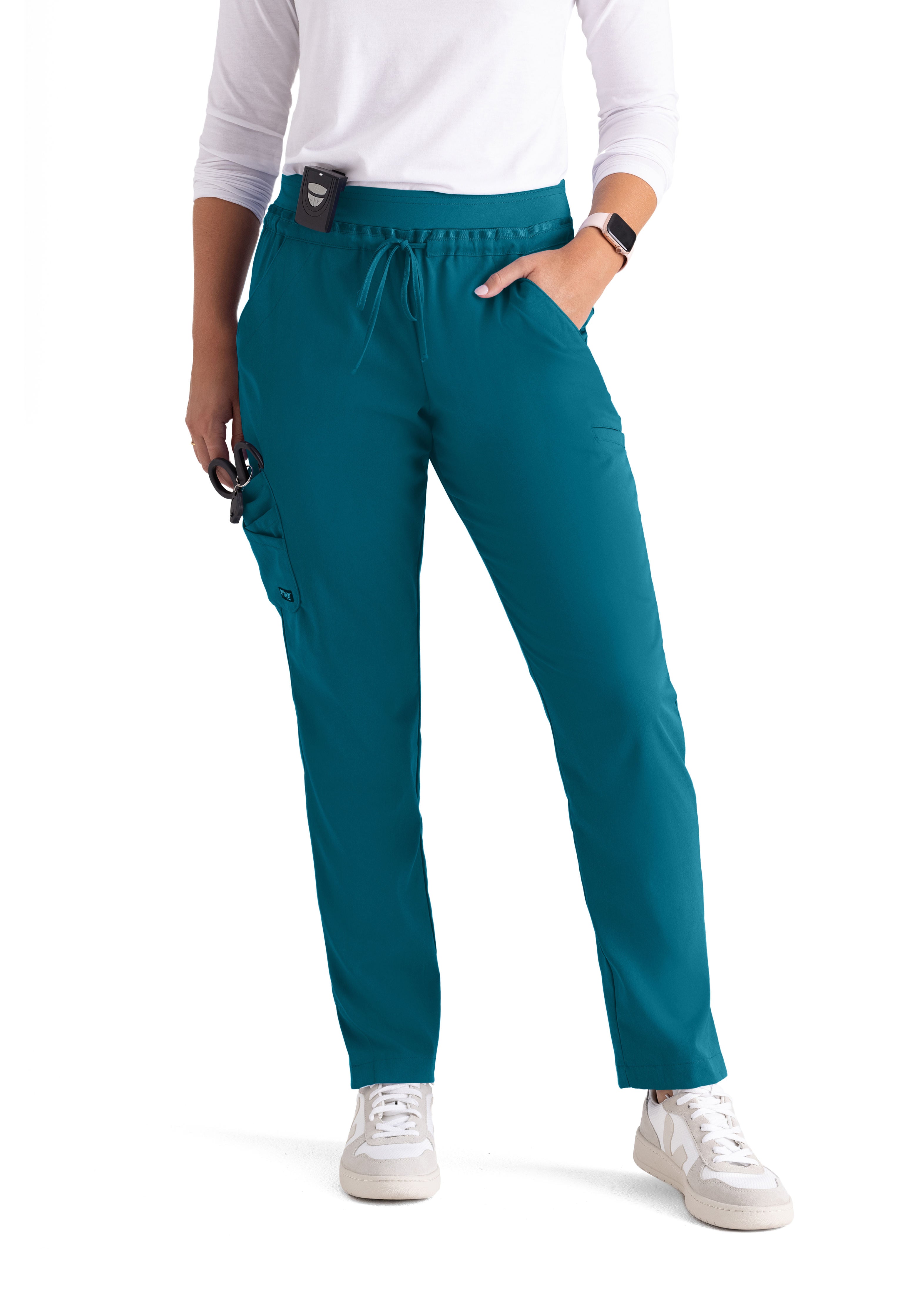 Grey's Anatomy Spandex-Stretch Bahama Women’s Double Cargo Tapered Scrub Pants with Elastic Waistband. 7 Pockets. Mid rise. Wrinkle release fabric. 