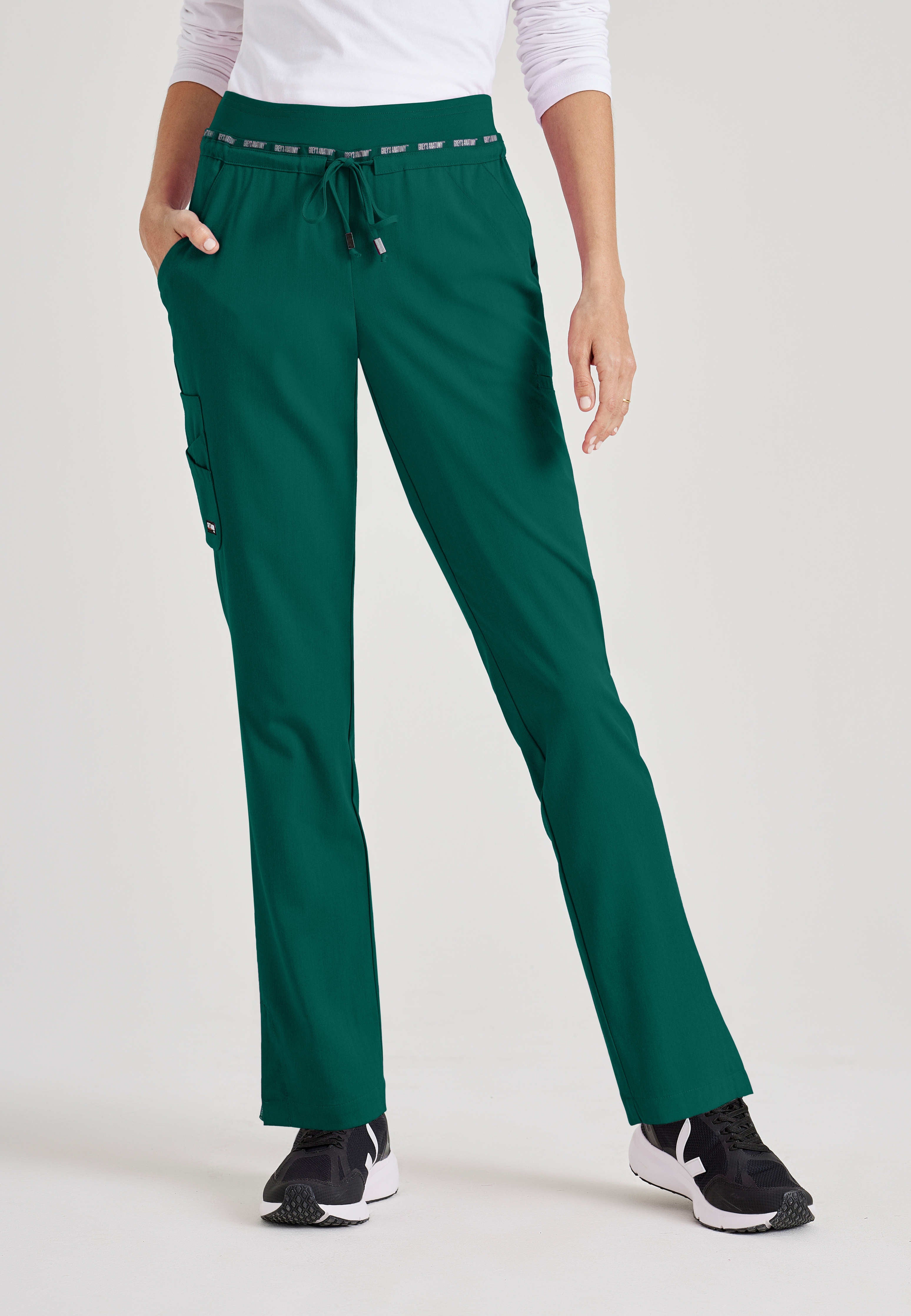 Grey's Anatomy Spandex-Stretch hunter green Women’s Double Cargo Tapered Scrub Pants with Elastic Waistband. 7 Pockets. Mid rise. Wrinkle release fabric. 