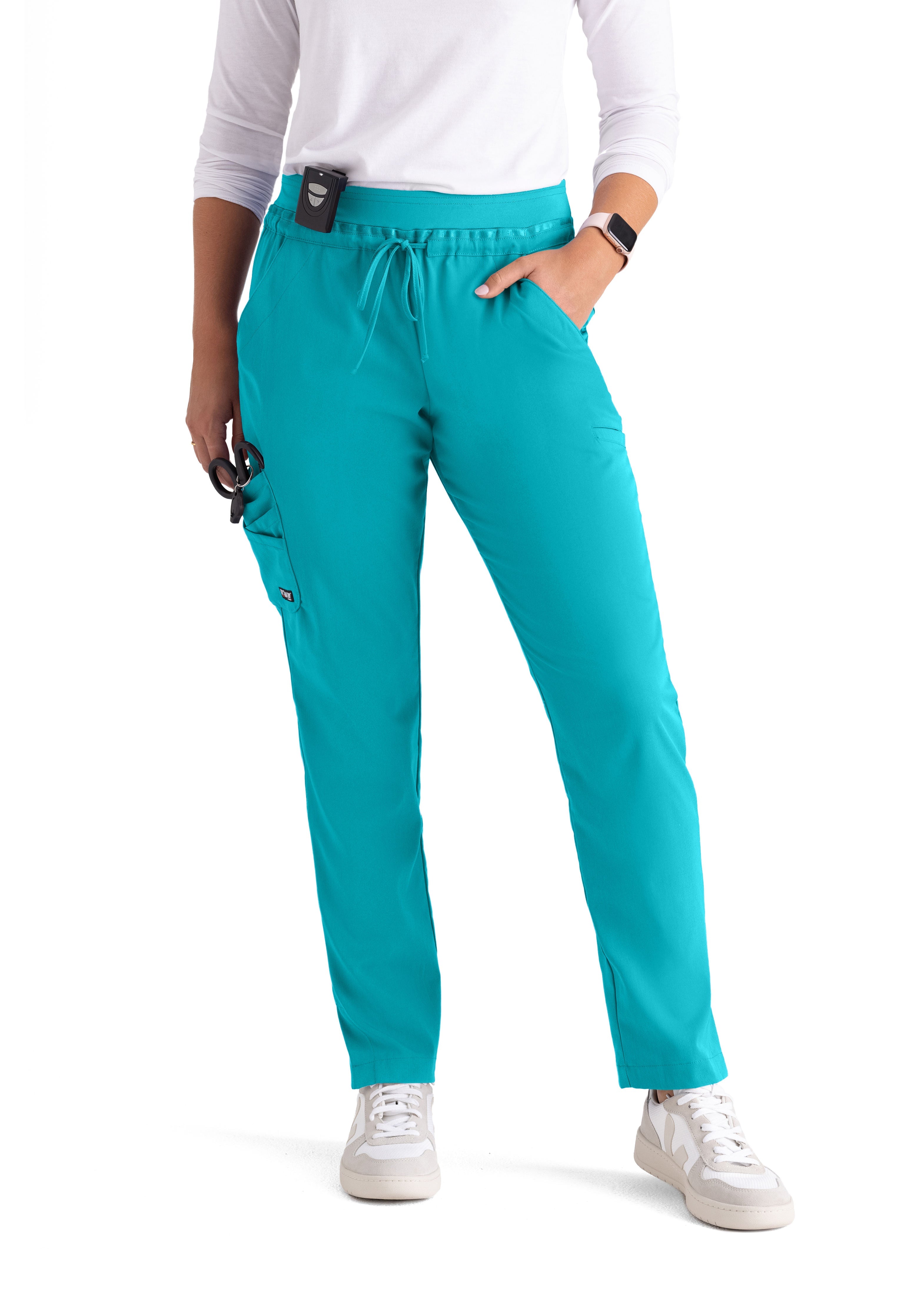 Grey's Anatomy Spandex-Stretch teal Women’s Double Cargo Tapered Scrub Pants with Elastic Waistband. 7 Pockets. Mid rise. Wrinkle release fabric. 