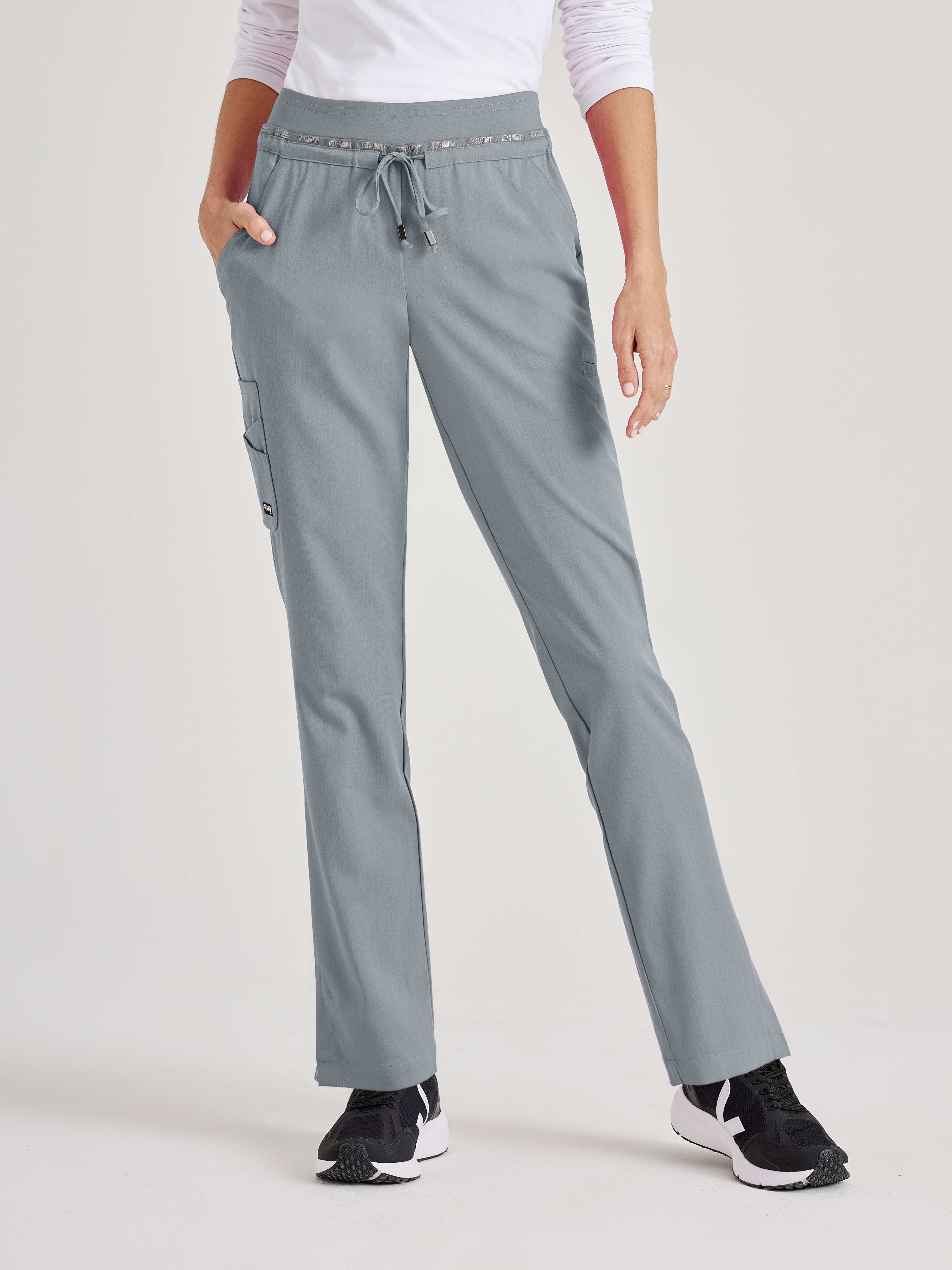 Front View of the Serena 7-Pocket Mid-Rise Tappered Leg Scrub Pant in Moonstruck from Grey's Anatomy™ by Barco Spandex Stretch