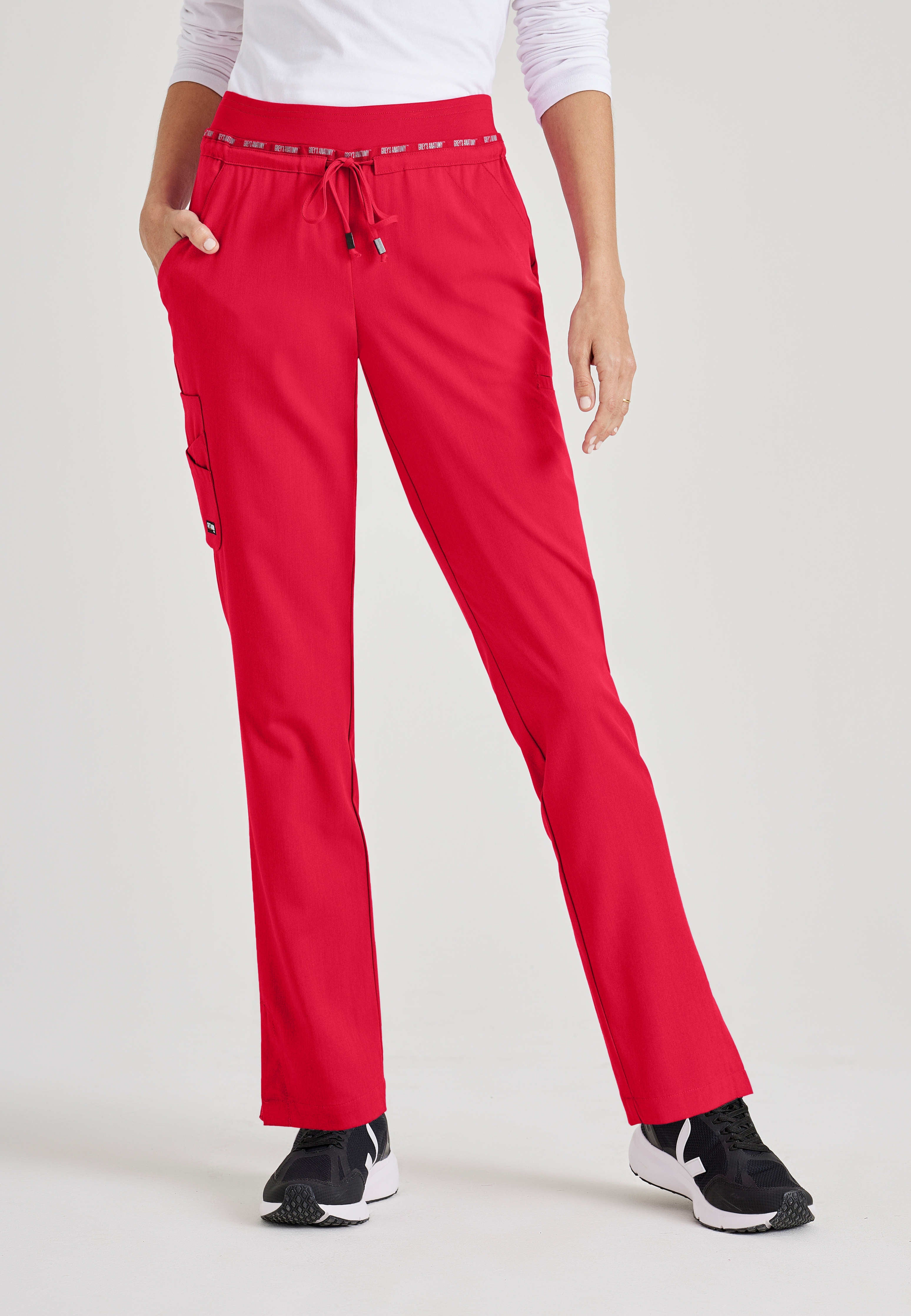 Front View of the Serena 7-Pocket Mid-Rise Tappered Leg Scrub Pant in Scarlet Red from Grey's Anatomy™ by Barco Spandex Stretch