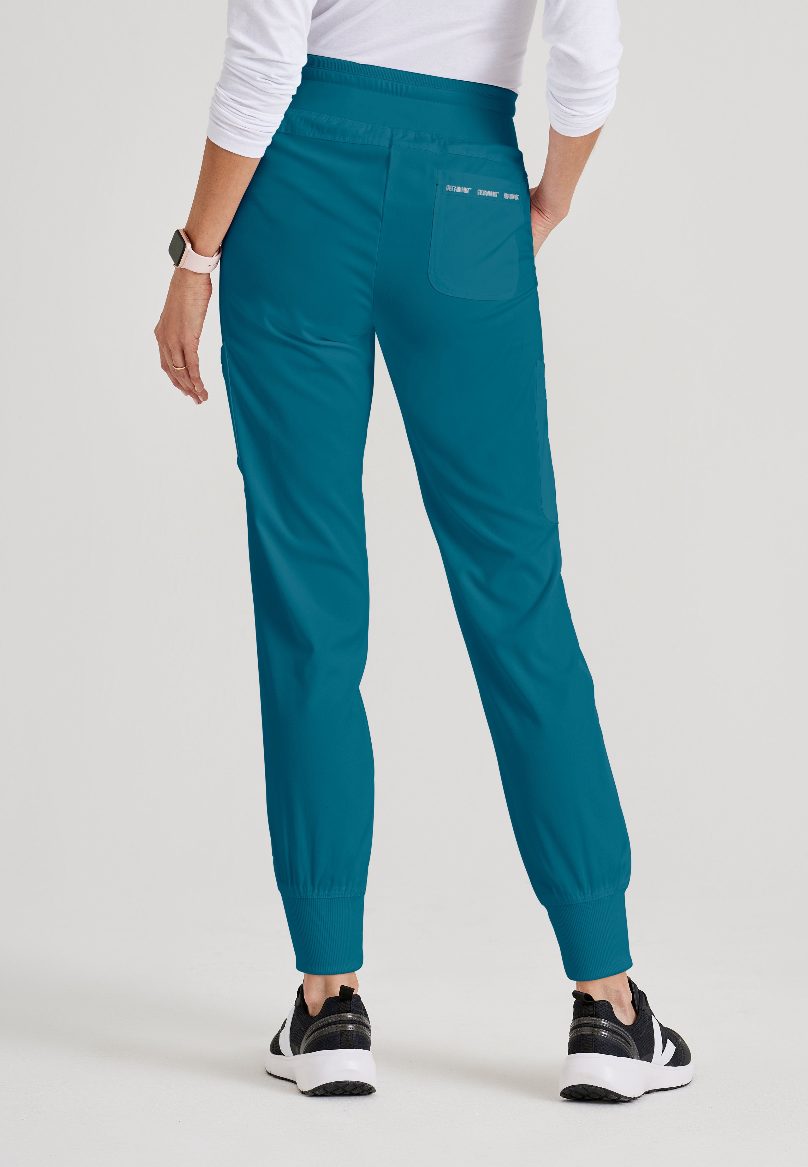 Grey's Anatomy Spandex-Stretch Women’s Bahama Double Cargo Jogger Scrub Pants with Elastic Waistband. 7 pockets with ribbed waistband and cuffs.
