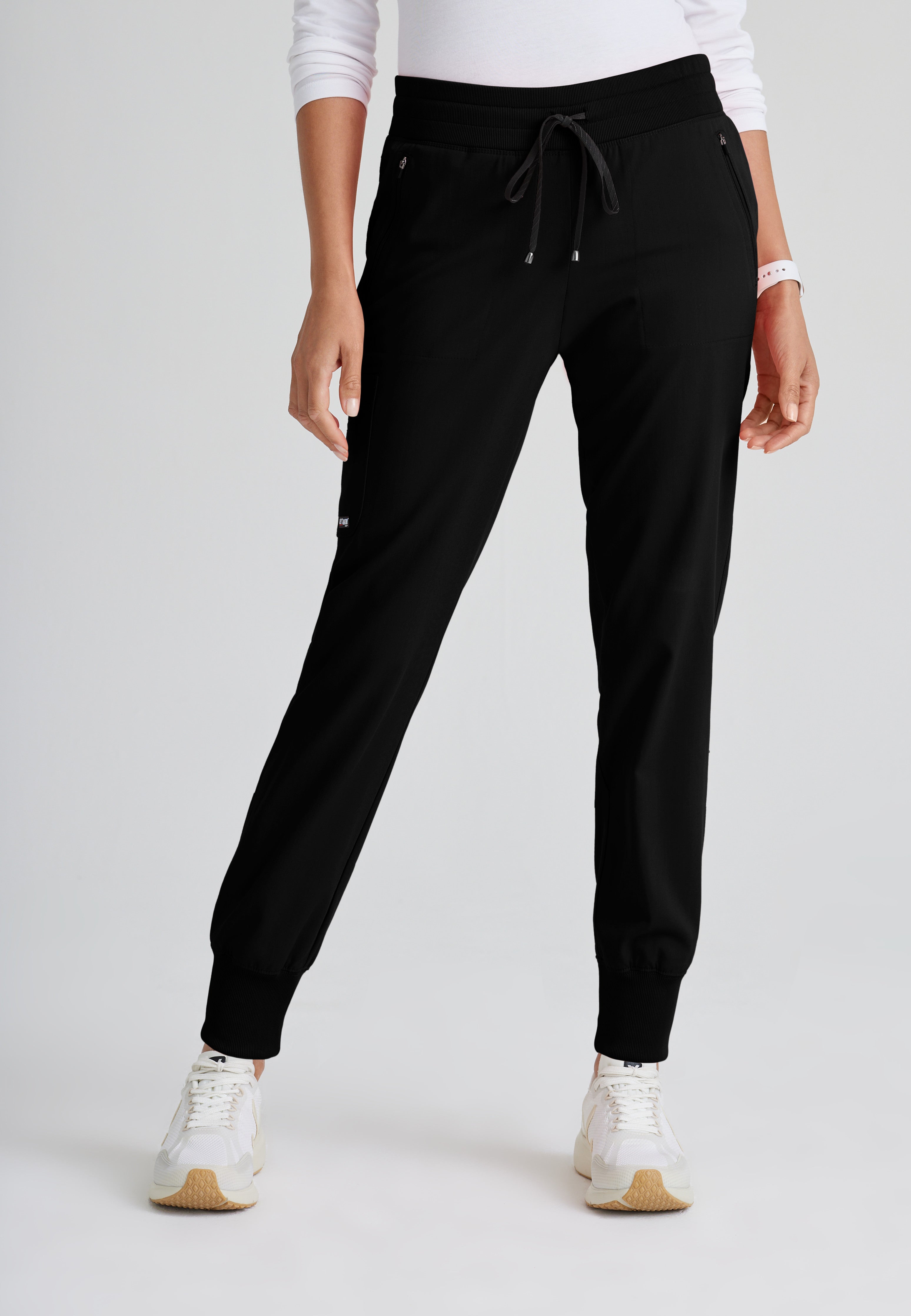 Front View of the Eden 5-Pocket Mid-Rise Jogger Scrub Pant in Black from Grey's Anatomy™ by Barco Spandex Stretch