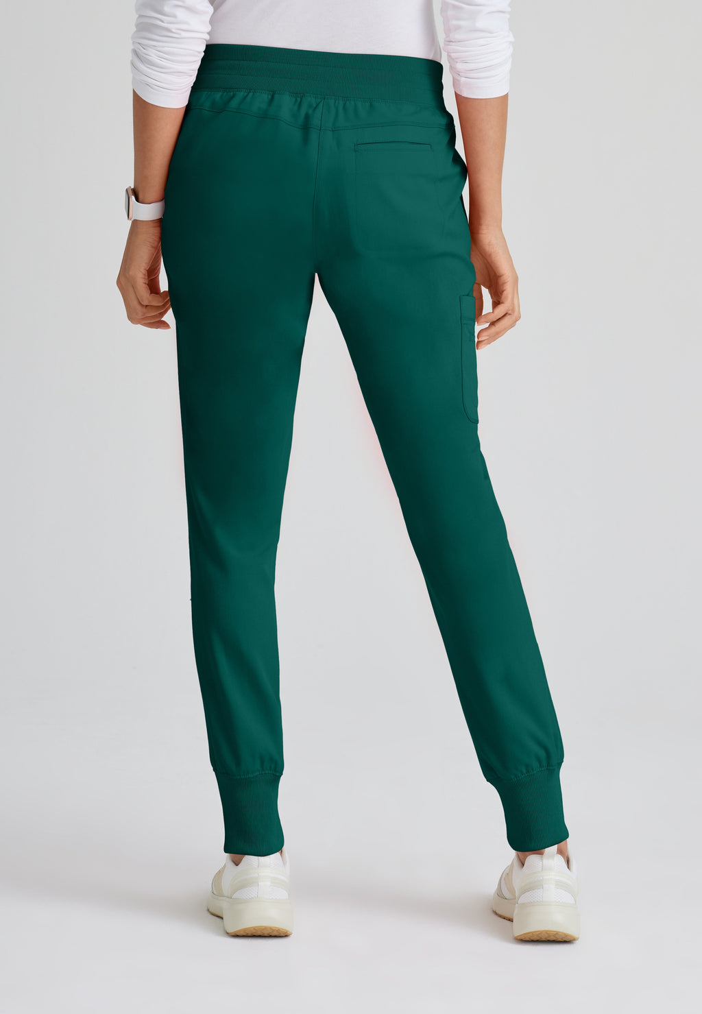 Back View of the Eden 5-Pocket Mid-Rise Jogger Scrub Pant in Hunter Green from Grey's Anatomy™ by Barco Spandex Stretch