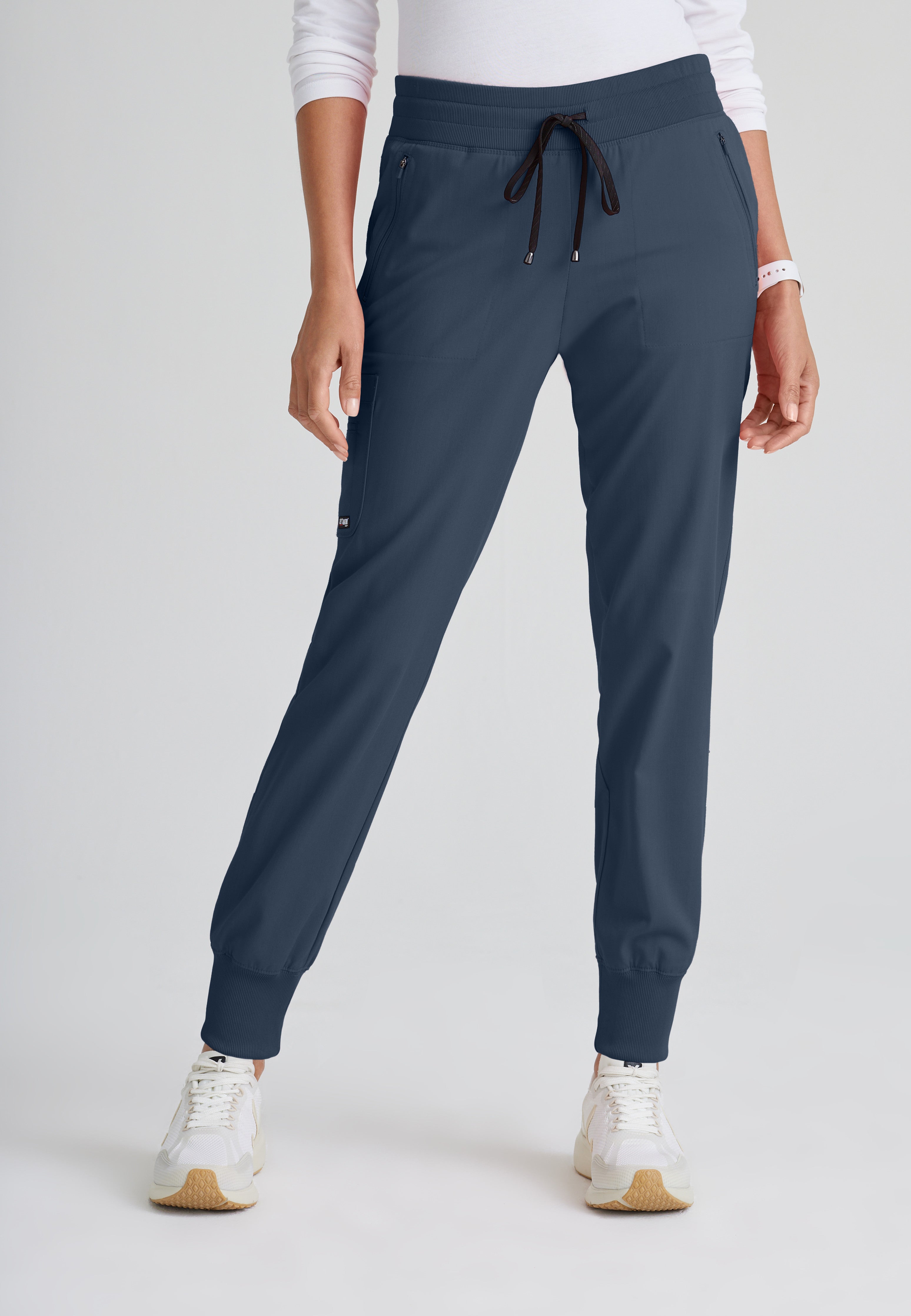 Front View of the Eden 5-Pocket Mid-Rise Jogger Scrub Pant in Steel from Grey's Anatomy™ by Barco Spandex Stretch