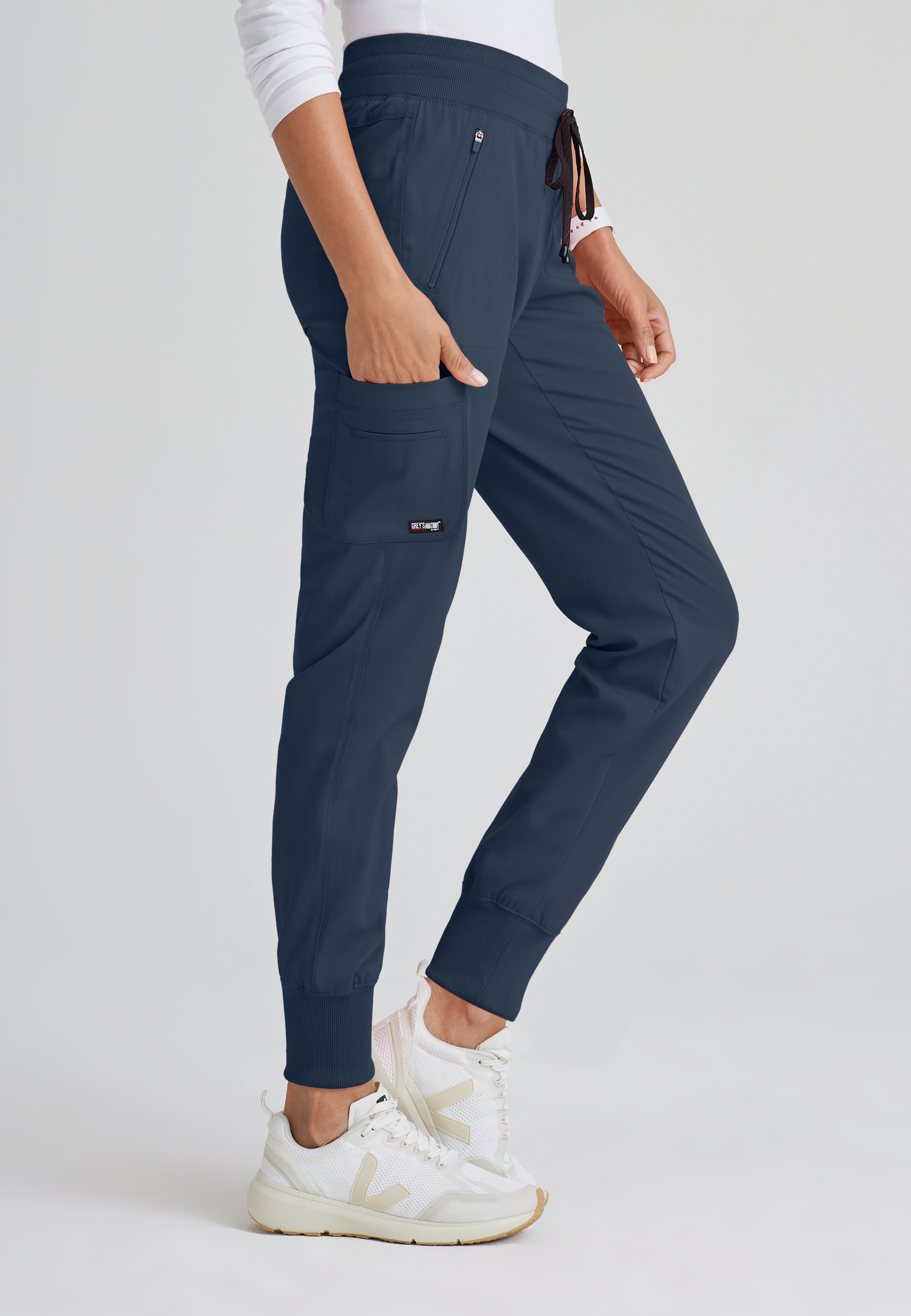 Side View of the Eden 5-Pocket Mid-Rise Jogger Scrub Pant in Steel from Grey's Anatomy™ by Barco Spandex Stretch