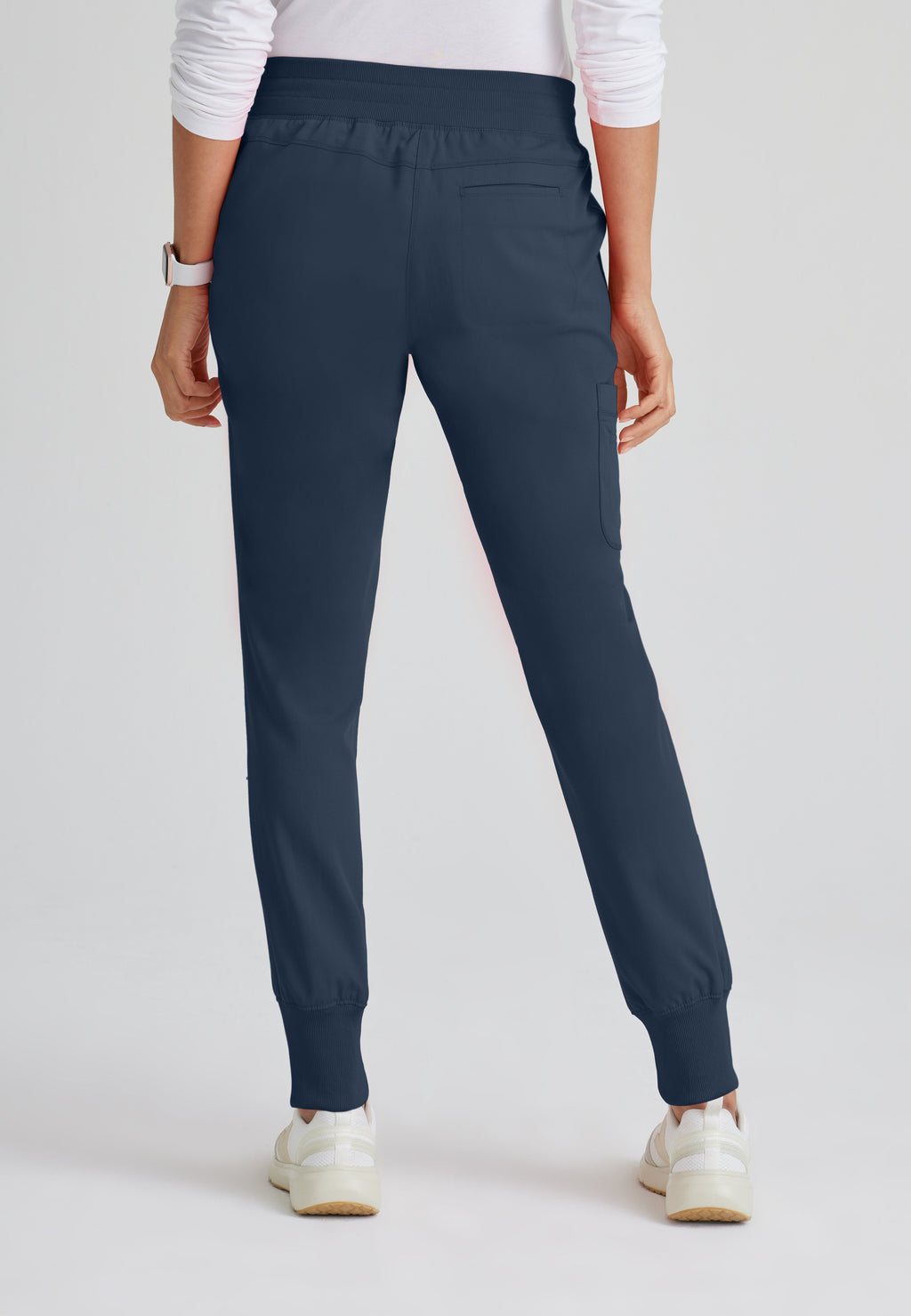Back View of the Eden 5-Pocket Mid-Rise Jogger Scrub Pant in Steel from Grey's Anatomy™ by Barco Spandex Stretch
