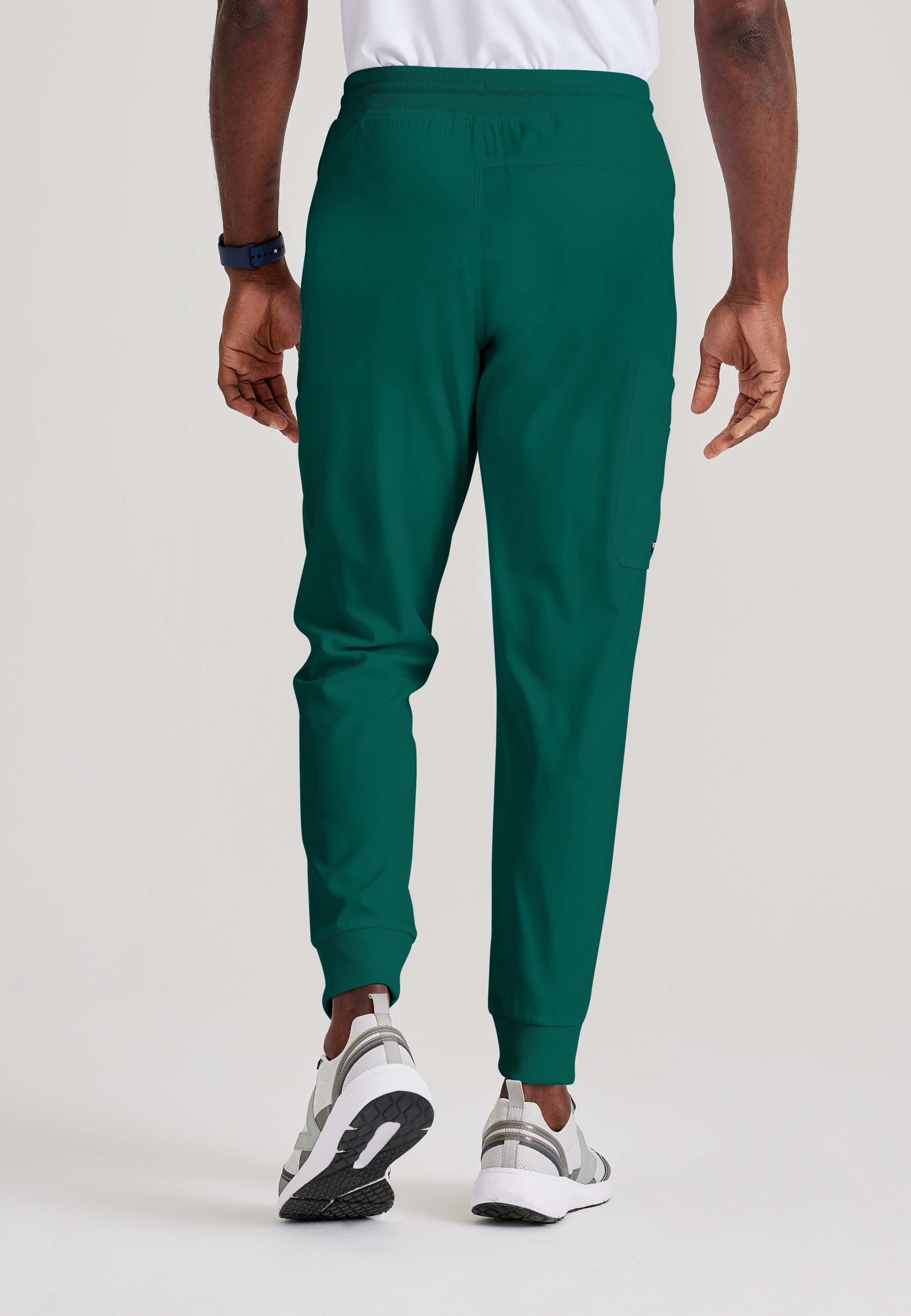Grey's Anatomy Spandex-Stretch Men’s hunter Zip-Fly 5-Pocket Jogger Scrub Pant. Elastic waistband with drawstring. Wrinkle-resistant, easy care fabric. 