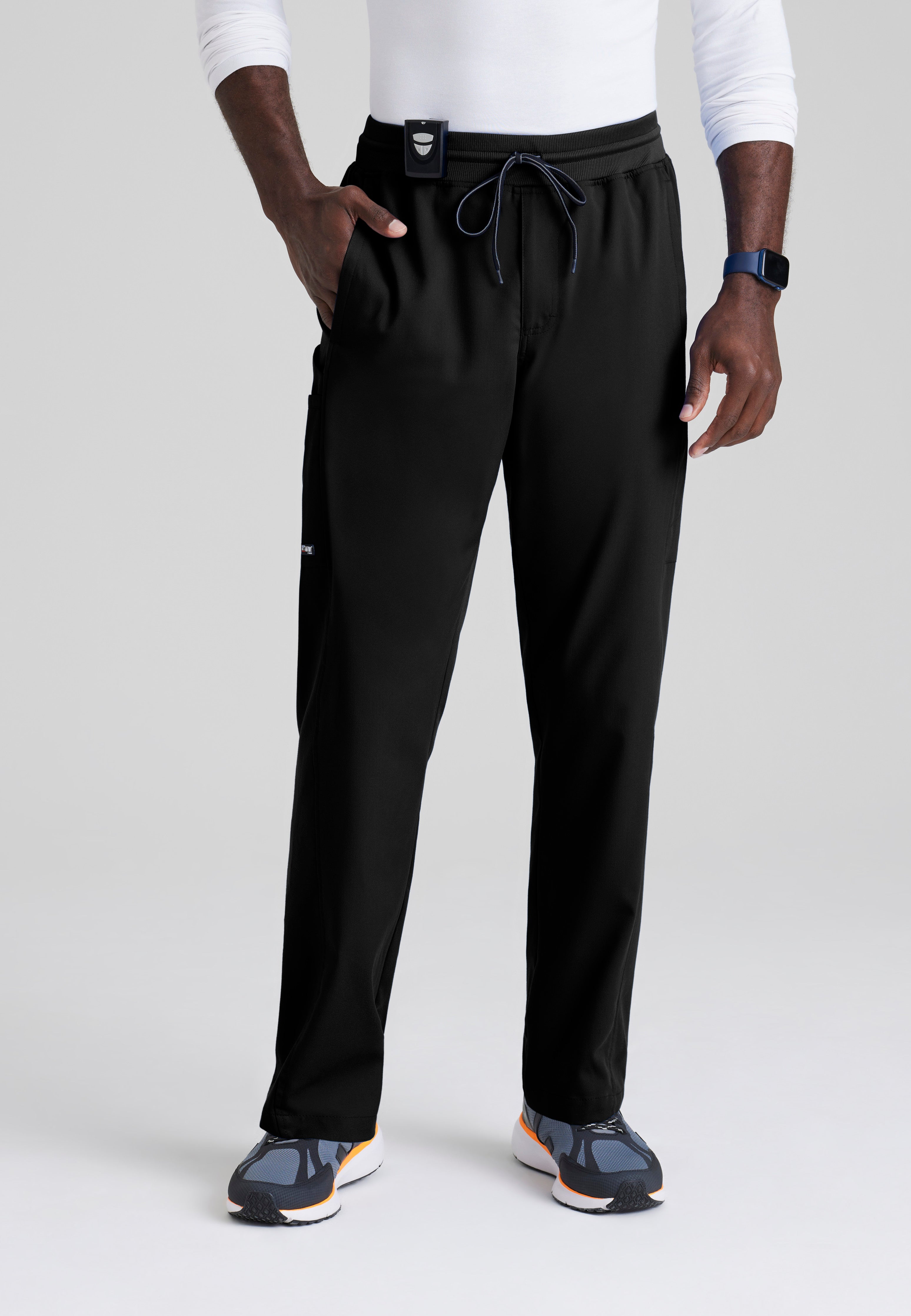 Front View of the Hudson Straight Leg Drawcord Pant in Black from Grey's Anatomy™ by Barco Spandex Stretch