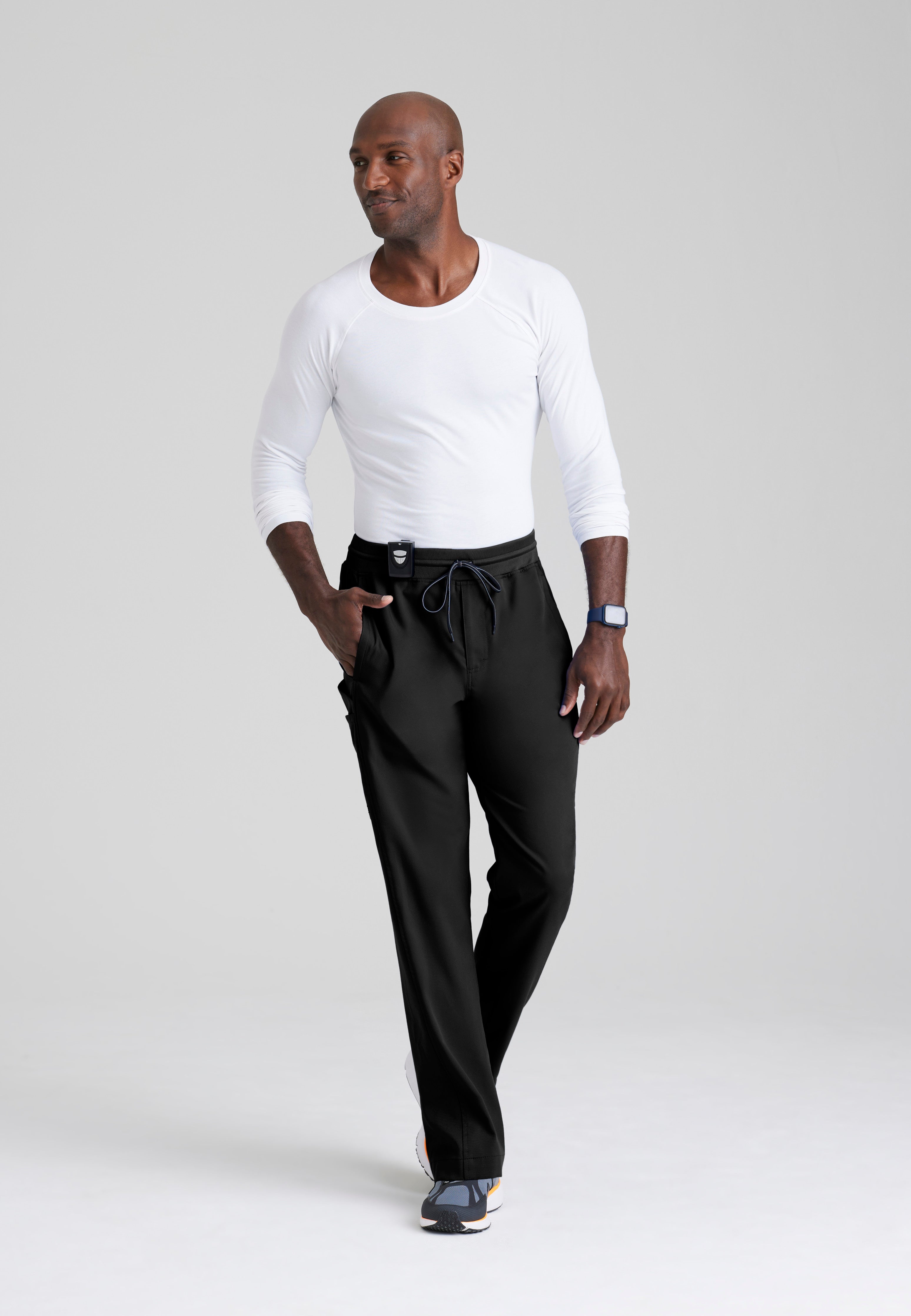 Full Body View of the Hudson Straight Leg Drawcord Pant in Black from Grey's Anatomy™ by Barco Spandex Stretch