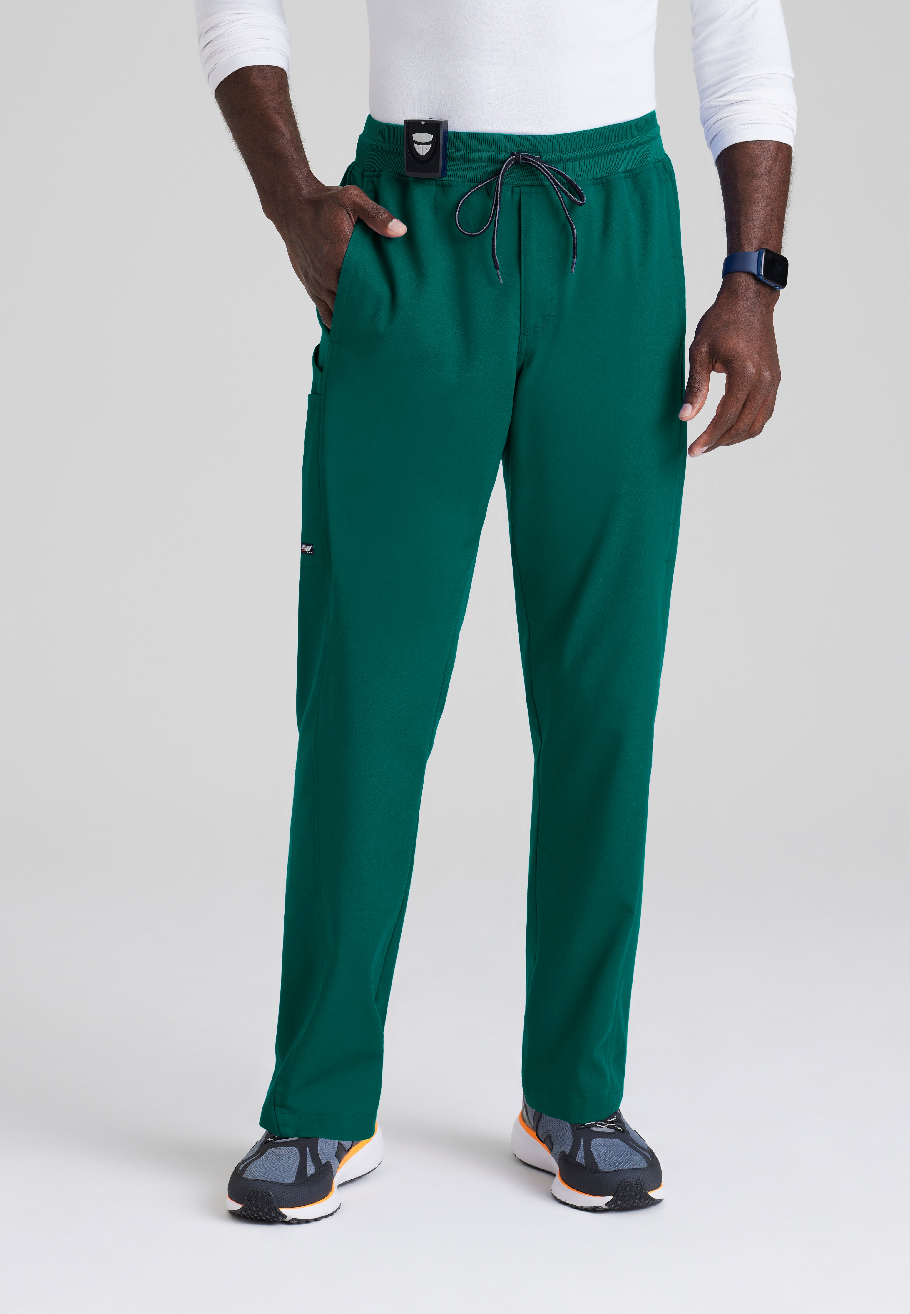 Front View of the Hudson Straight Leg Drawcord Pant in Hunter Green from Grey's Anatomy™ by Barco Spandex Stretch